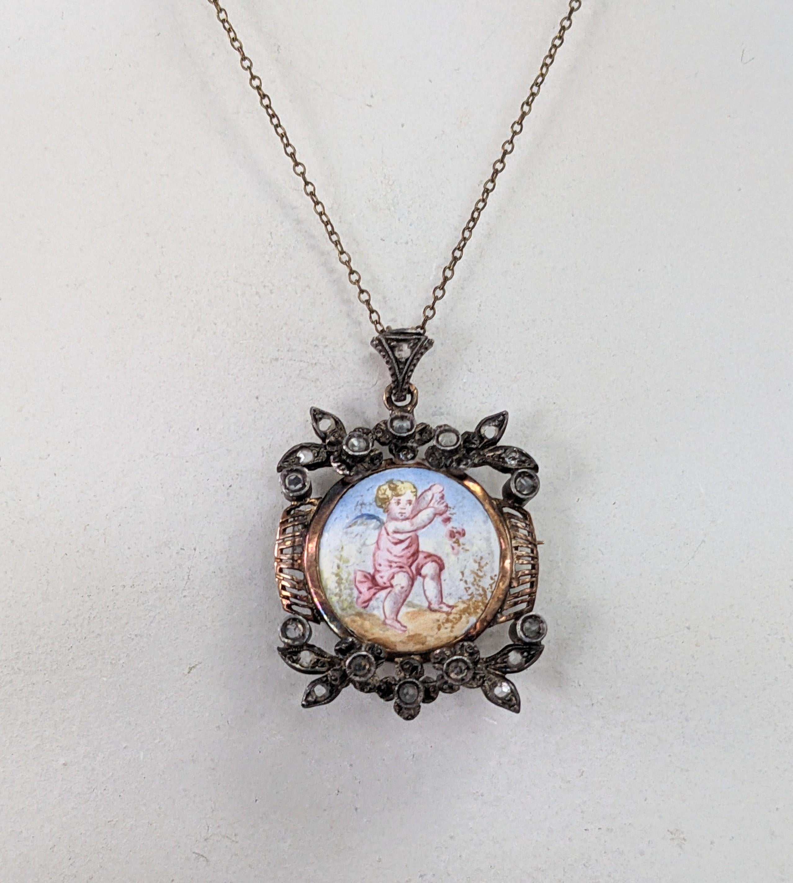 Spilla vittoriana con ciondolo a forma di diamante rosa e smalto in vendita 1