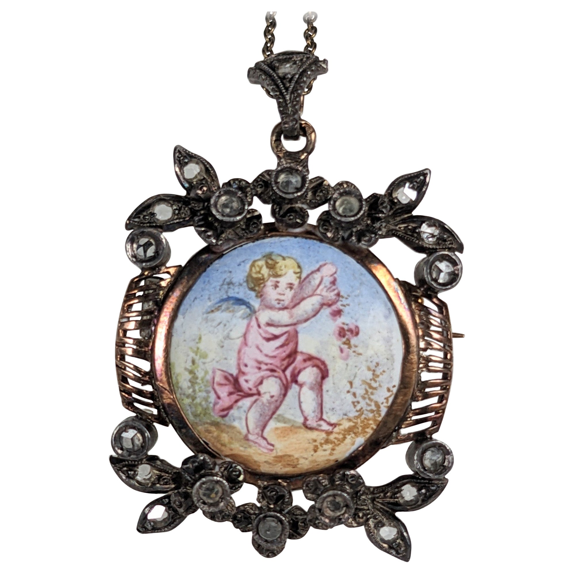 Spilla vittoriana con ciondolo a forma di diamante rosa e smalto in vendita