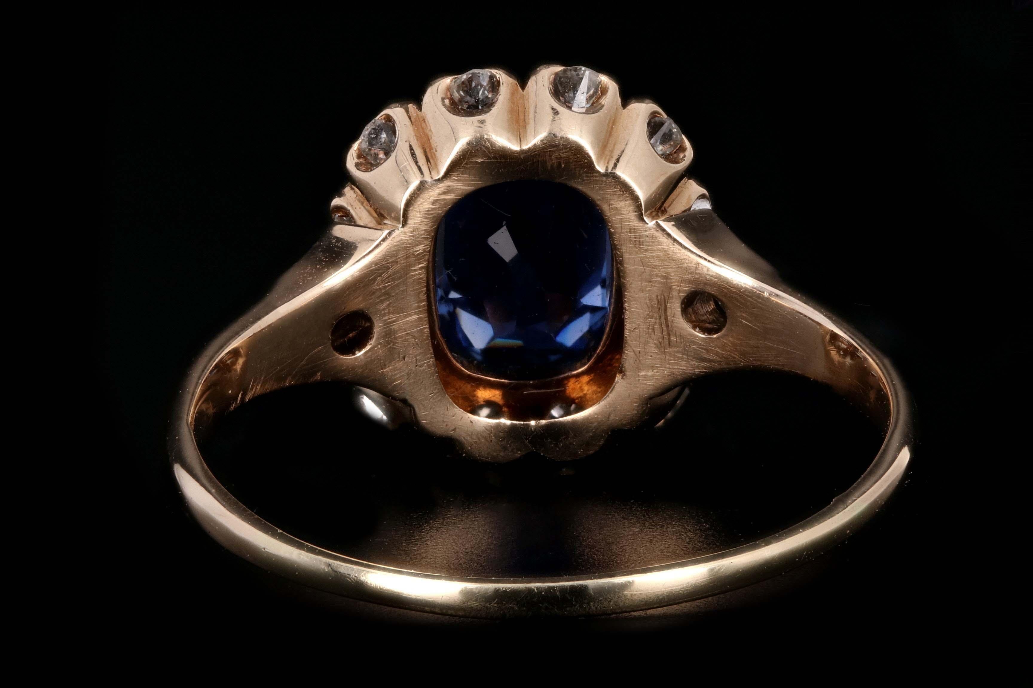 Victorian Rose Gold 1.1 Carat Kashmir Cushion Cut Sapphire and Old Mine Cut In Excellent Condition In Cape May, NJ
