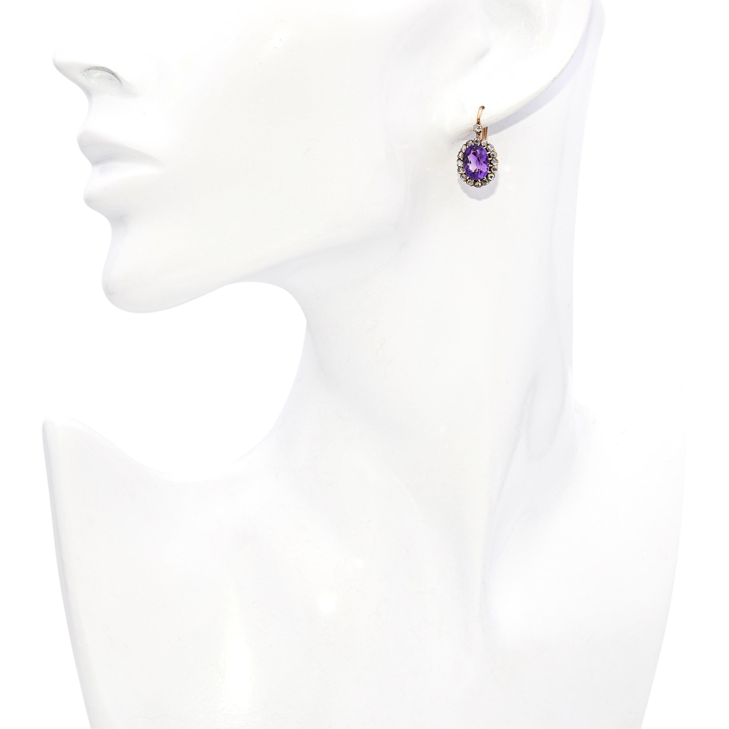 Victorien Boucles d'oreilles victoriennes en or rose avec améthyste et diamant taillé en rose en vente