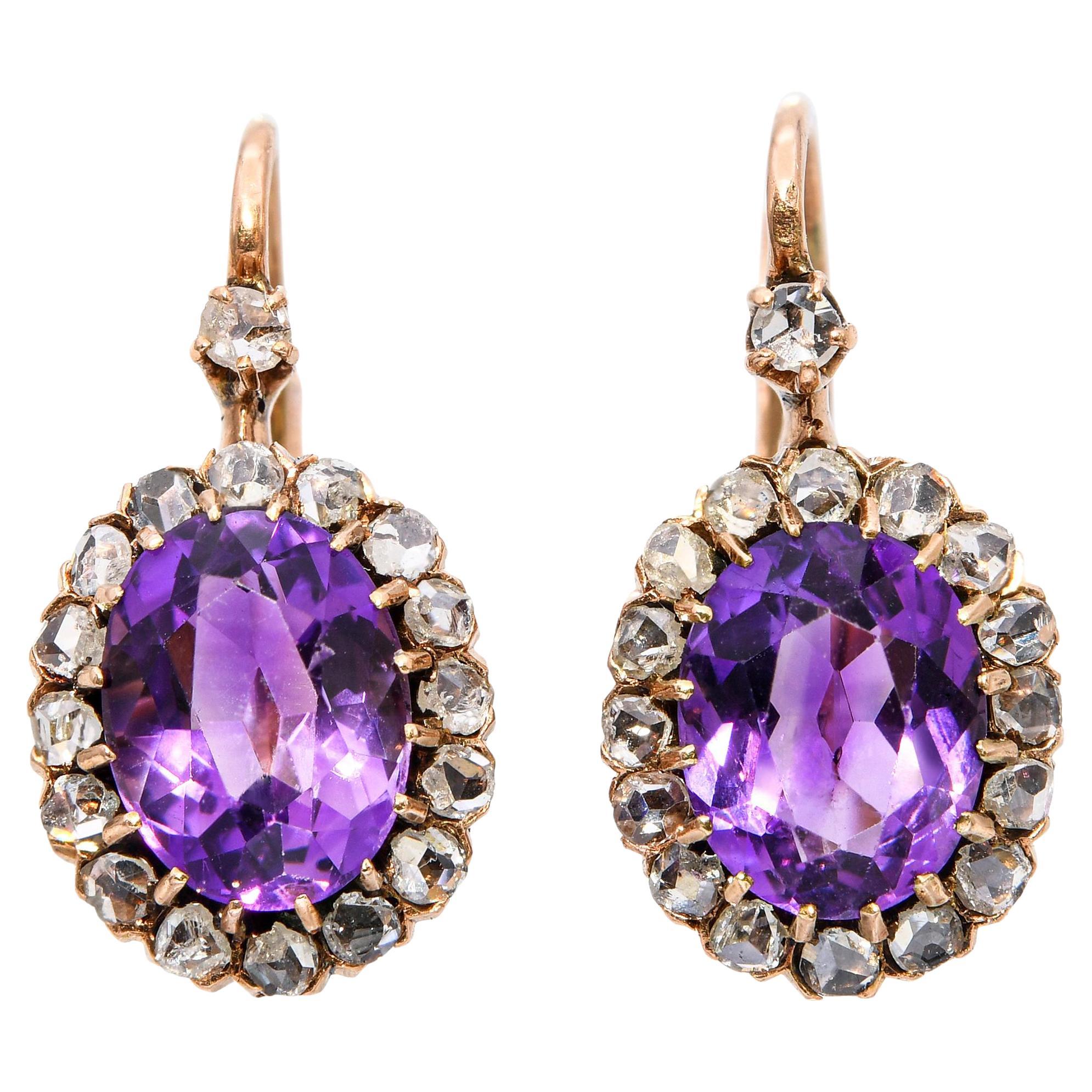 Boucles d'oreilles victoriennes en or rose avec améthyste et diamant taillé en rose