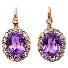 Boucles d'oreilles victoriennes en or rose avec améthyste et diamant taillé en rose