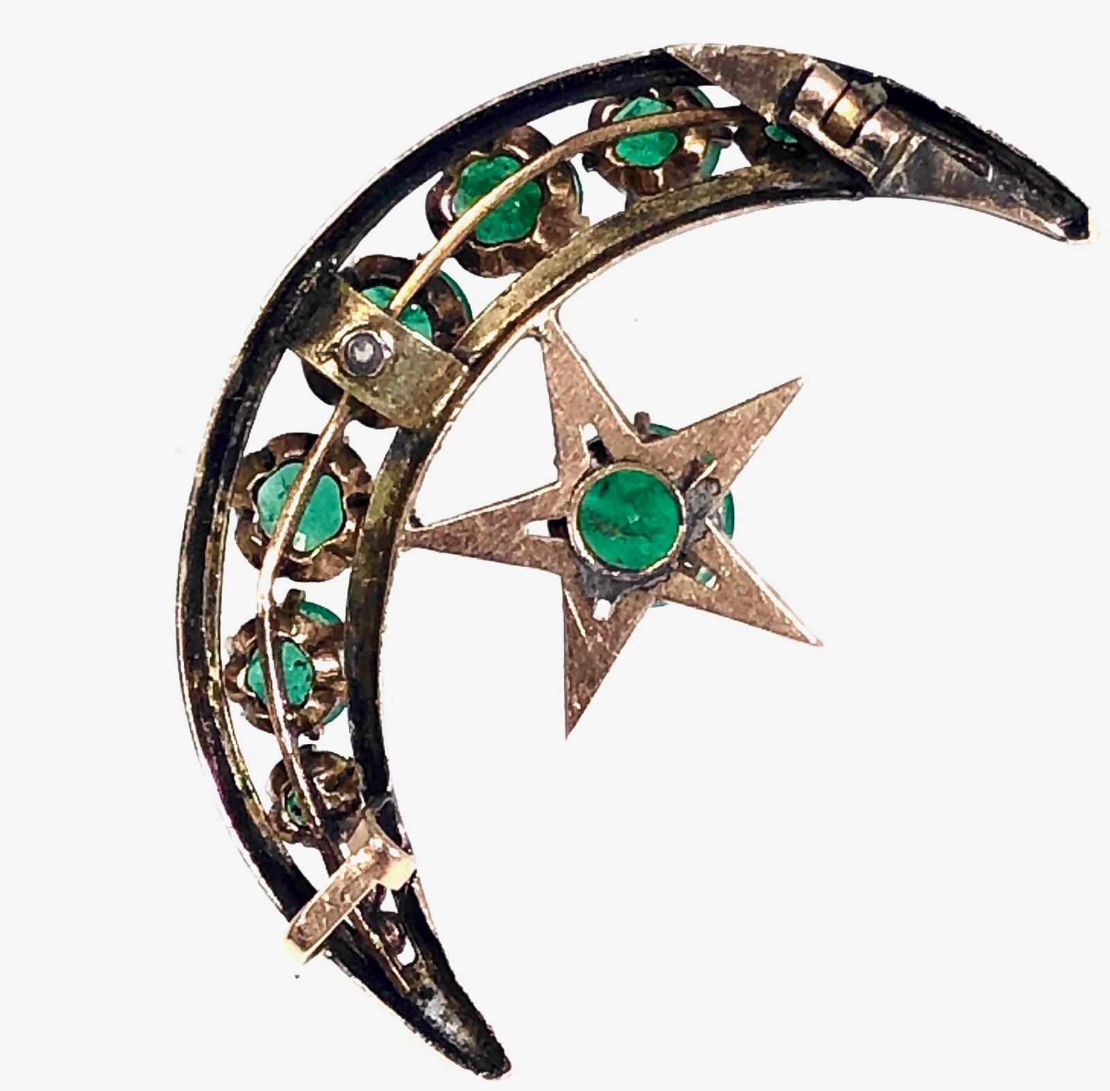 Rose Cut Victorian Rose Gold and Emerald Moon and Star Crescent Pendant For Sale