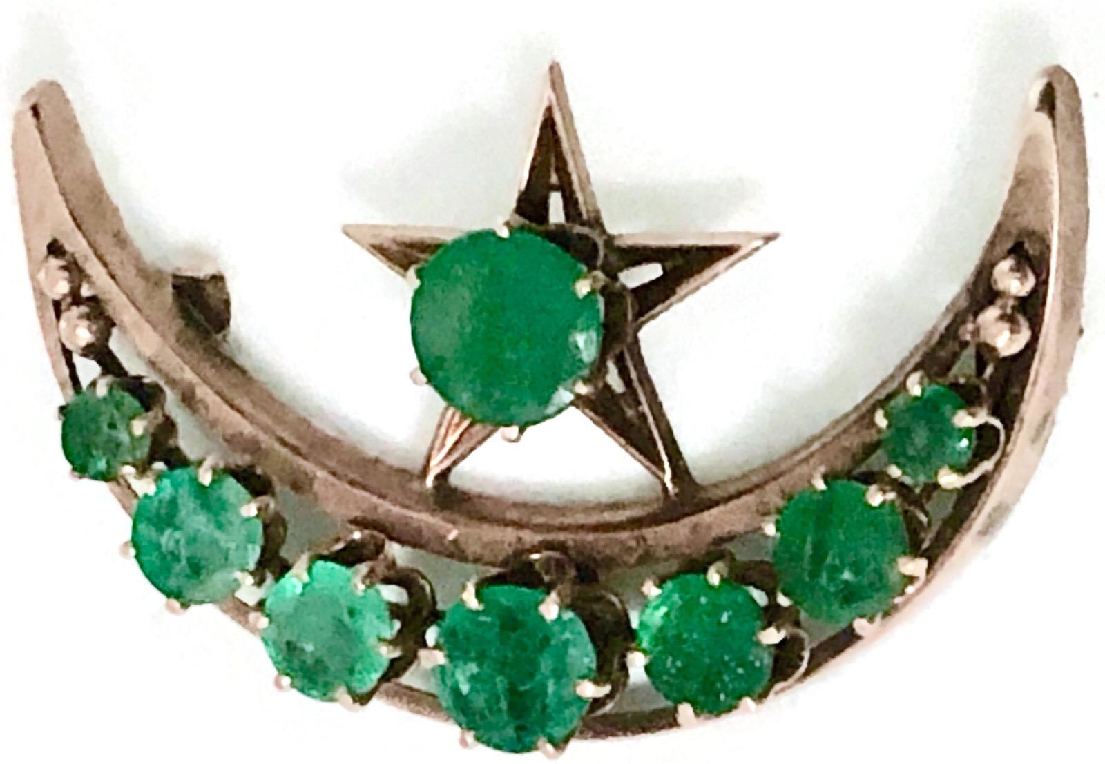 Victorian Rose Gold and Emerald Moon and Star Crescent Pendant In Good Condition For Sale In New York, NY