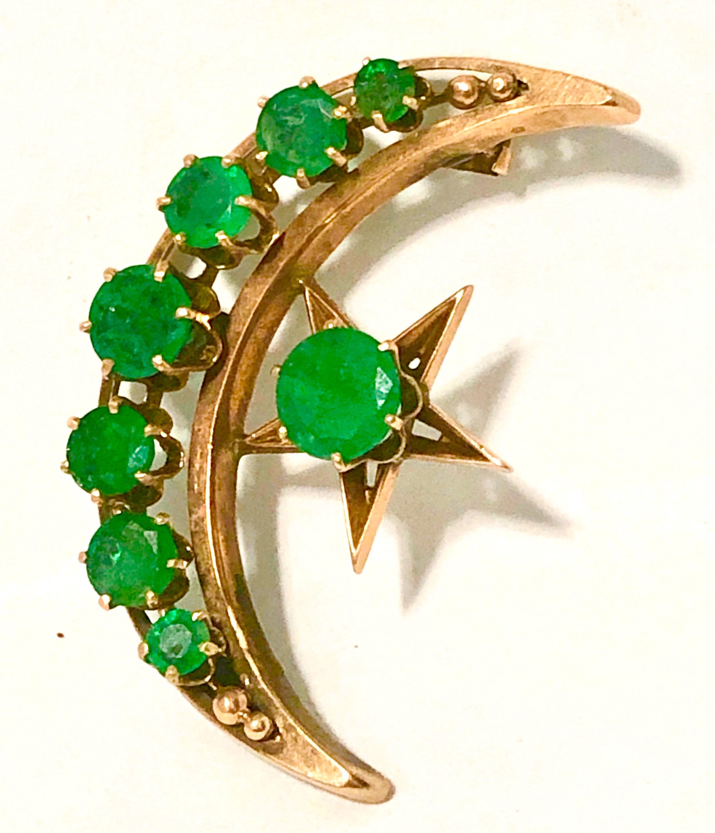 Women's Victorian Rose Gold and Emerald Moon and Star Crescent Pendant For Sale