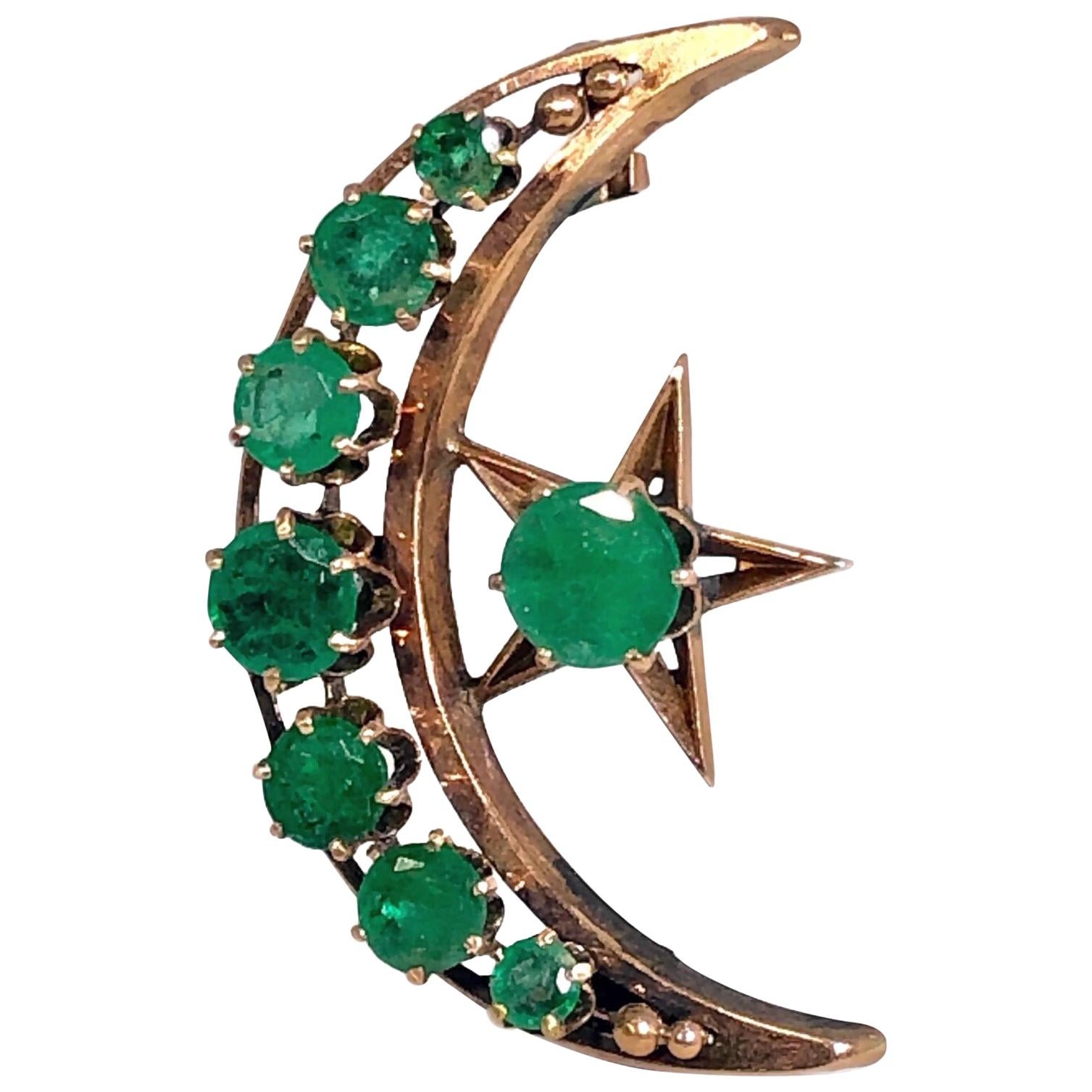 Victorian Rose Gold and Emerald Moon and Star Crescent Pendant For Sale