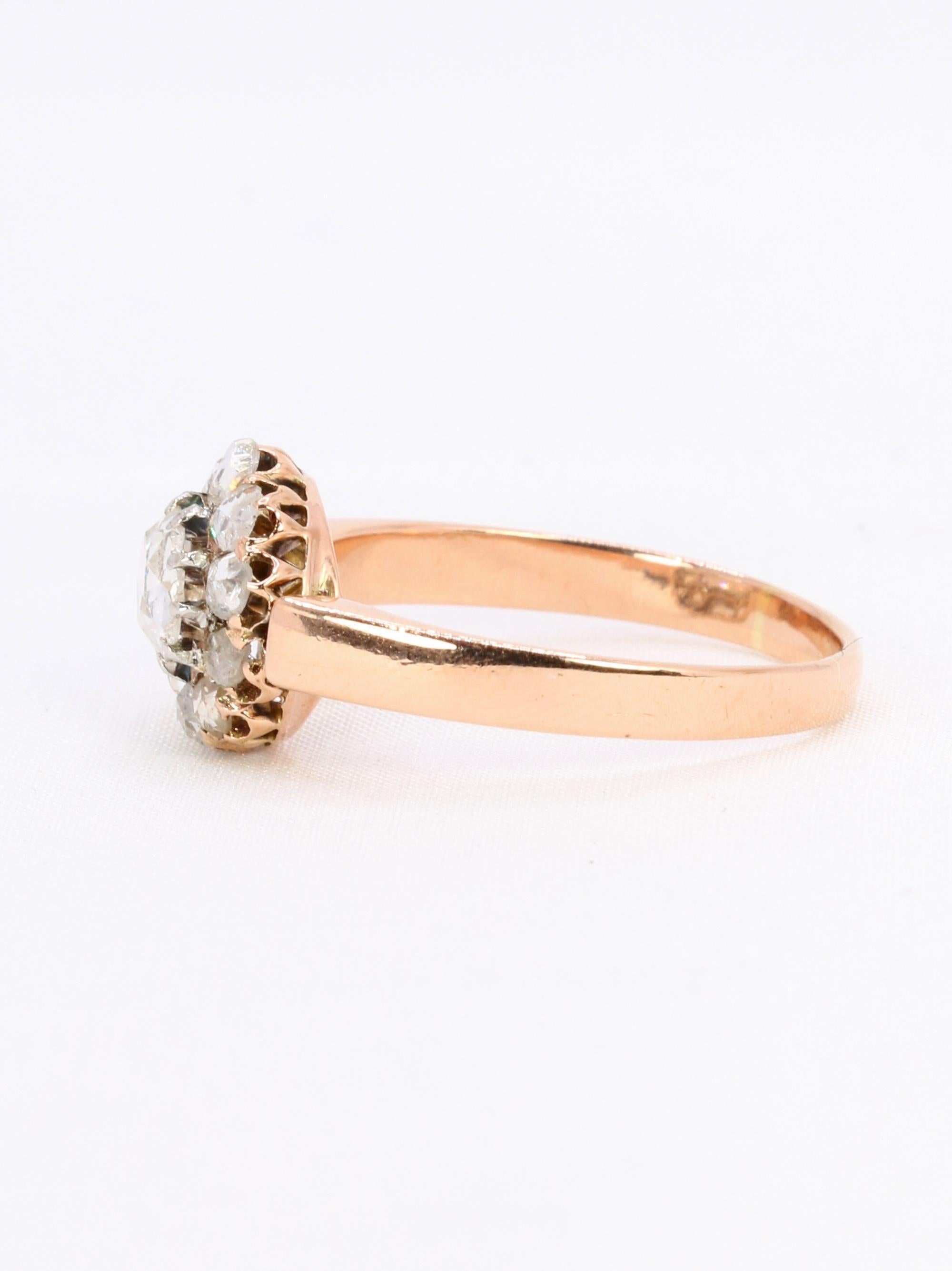 Anillo victoriano en racimo de oro rosa y diamantes talla rosa Corte rosa en venta