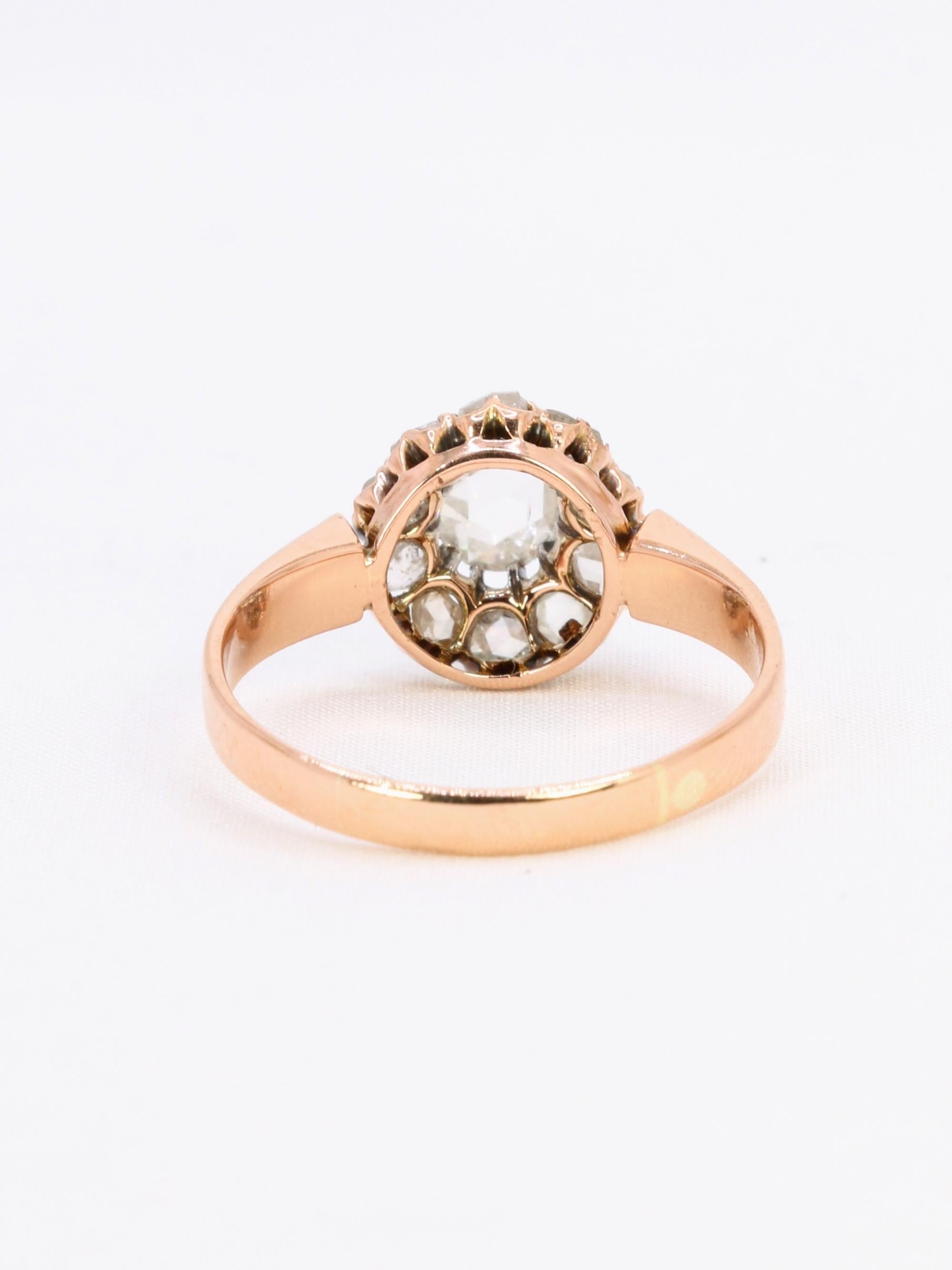 Anillo victoriano en racimo de oro rosa y diamantes talla rosa en Bueno estado para la venta en PARIS, FR