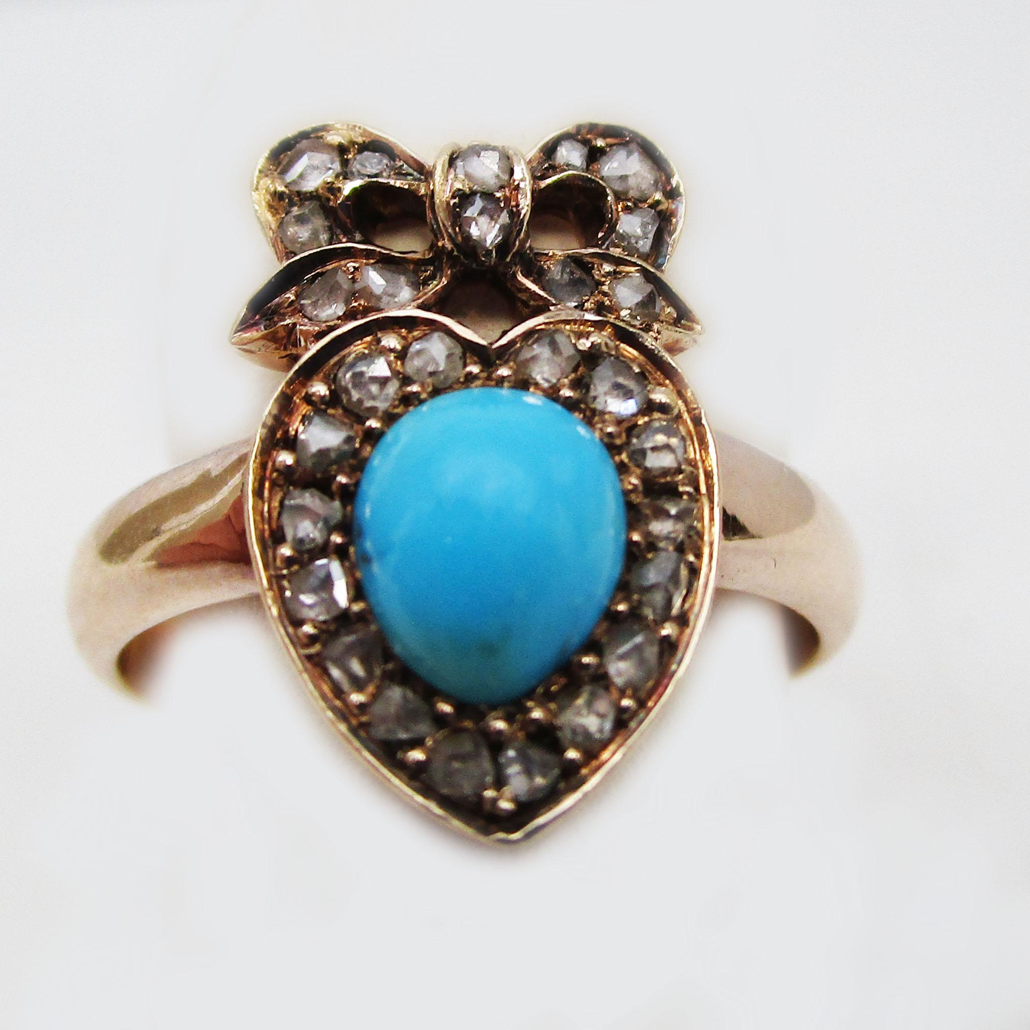 This ring is just marvelous! Set in beautiful 14K rose gold, this ring boasts a lovely undyed natural Persian turquoise and 28 rose-cut diamonds! This period-correct ring dates to about 1850 - when candle light would have made the reflective