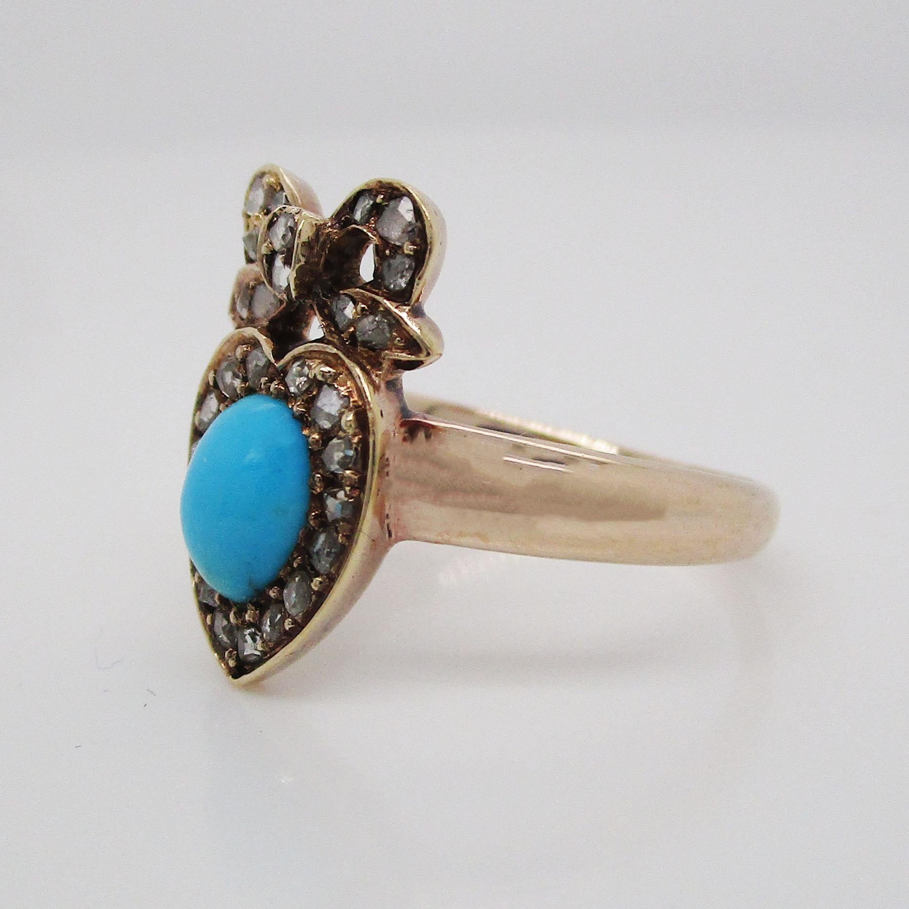 Cabochon Victorian 14 Karat Rose Gold Diamond and Persian Turquoise Ribbon Heart Ring