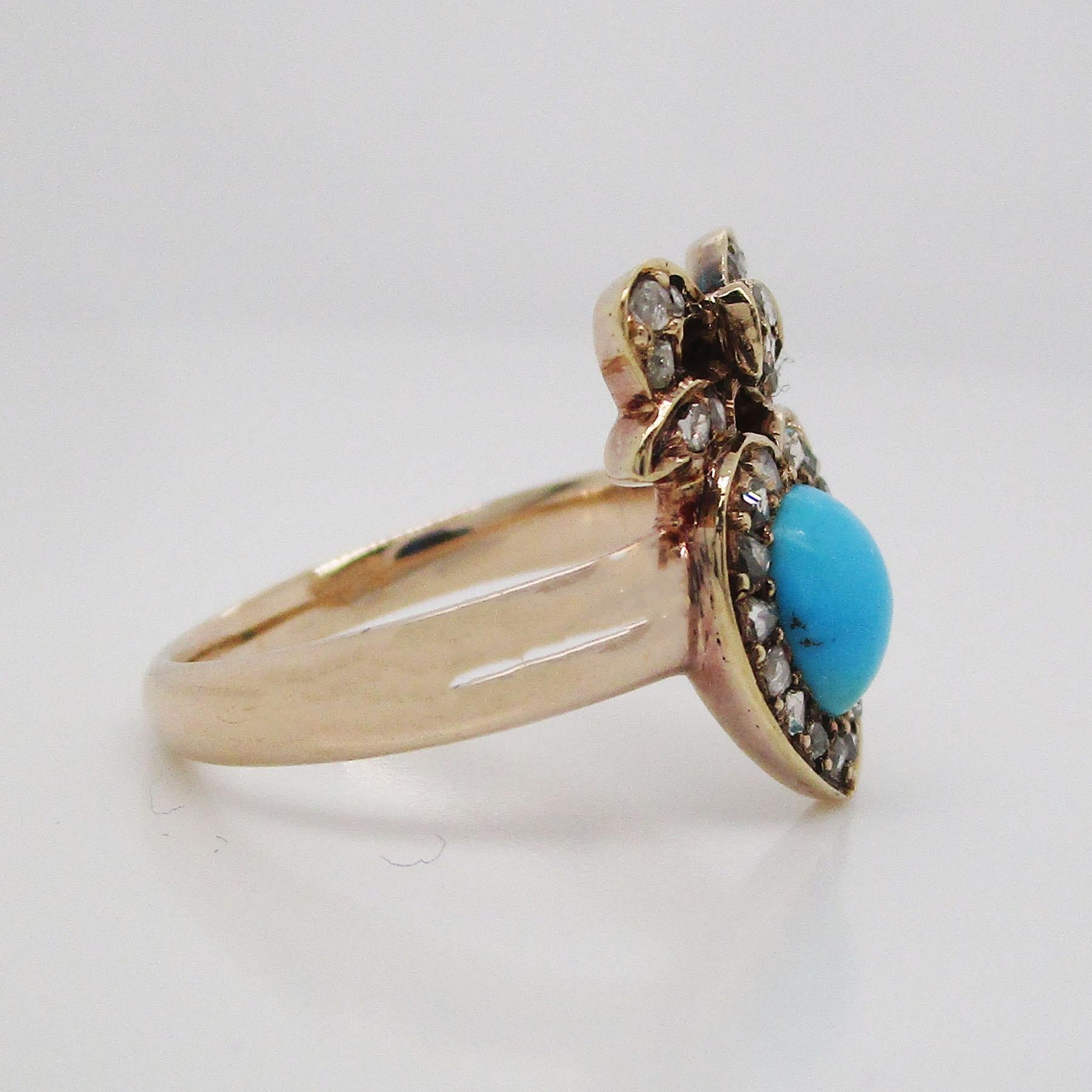 Victorian 14 Karat Rose Gold Diamond and Persian Turquoise Ribbon Heart Ring In Excellent Condition In Lexington, KY