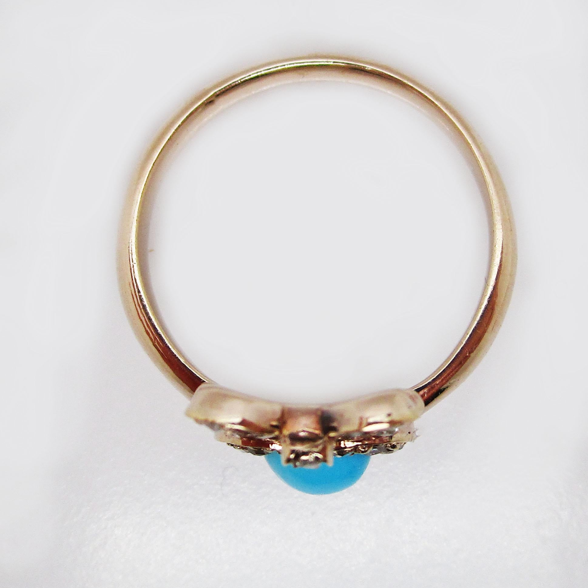 Women's or Men's Victorian 14 Karat Rose Gold Diamond and Persian Turquoise Ribbon Heart Ring