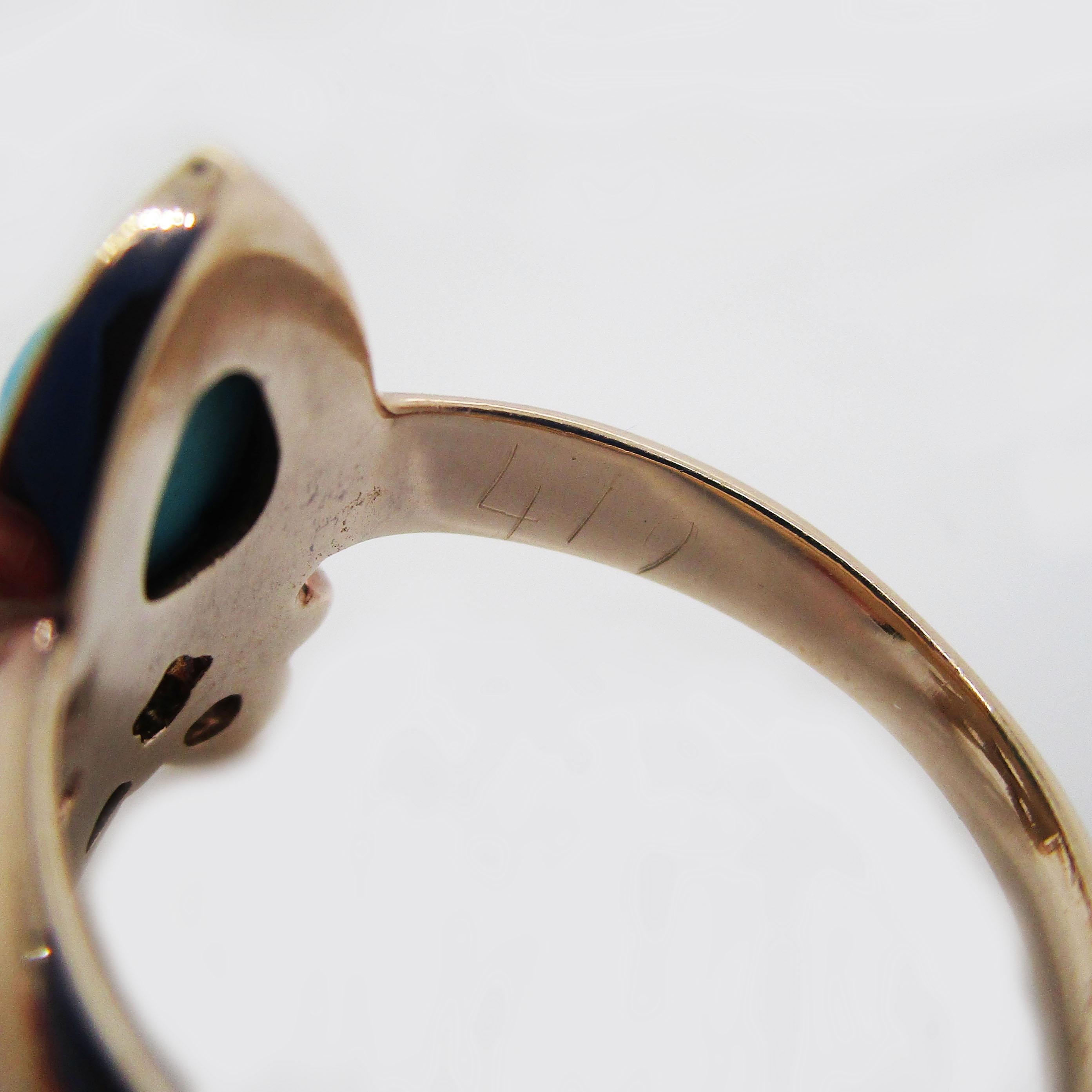 Victorian 14 Karat Rose Gold Diamond and Persian Turquoise Ribbon Heart Ring 2