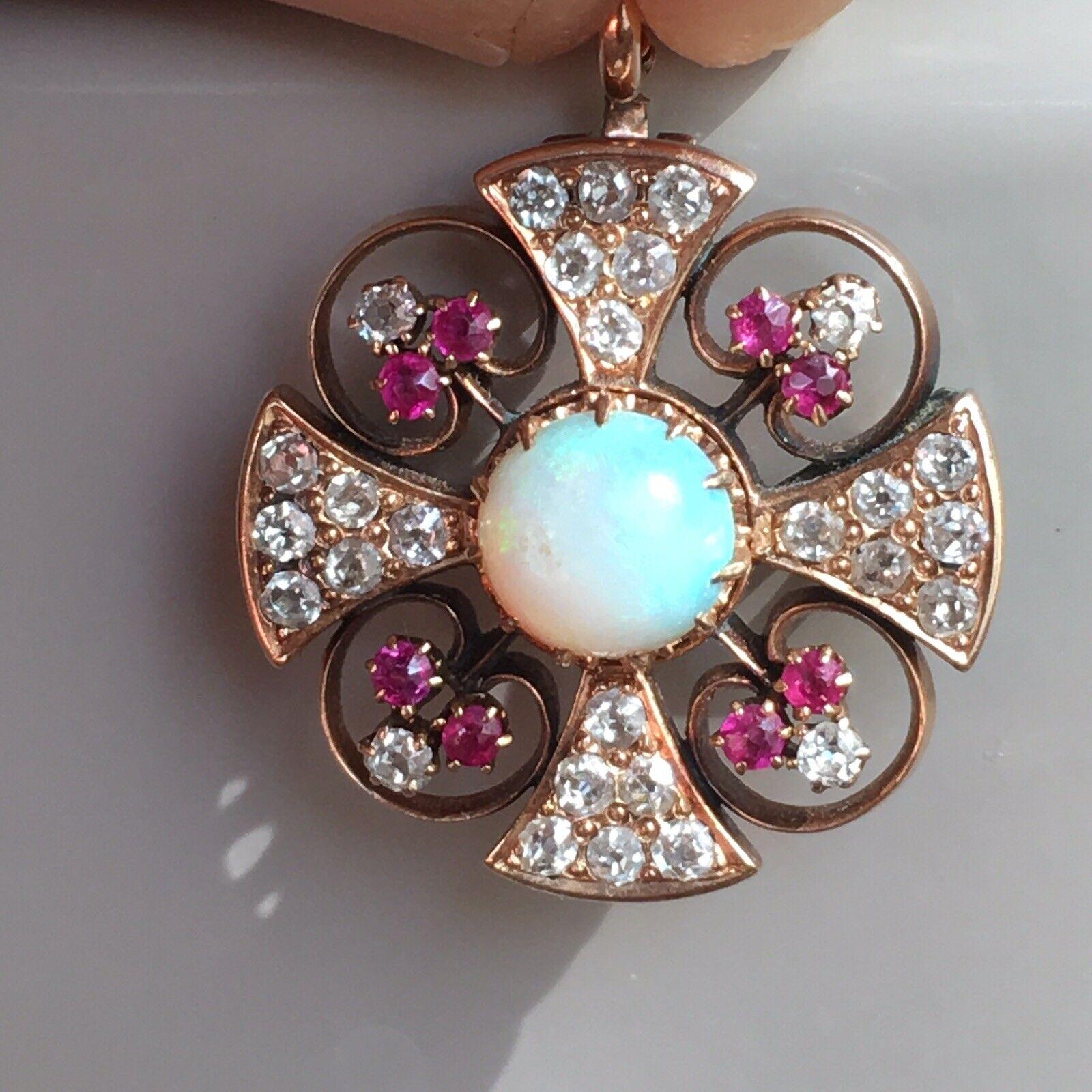 Victorian Rose Gold Diamond Opal Ruby Pendant-Brooch 1890s American For Sale 1