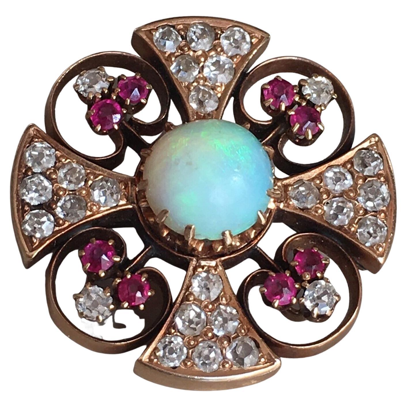 Victorian Rose Gold Diamond Opal Ruby Pendant-Brooch 1890s American For Sale