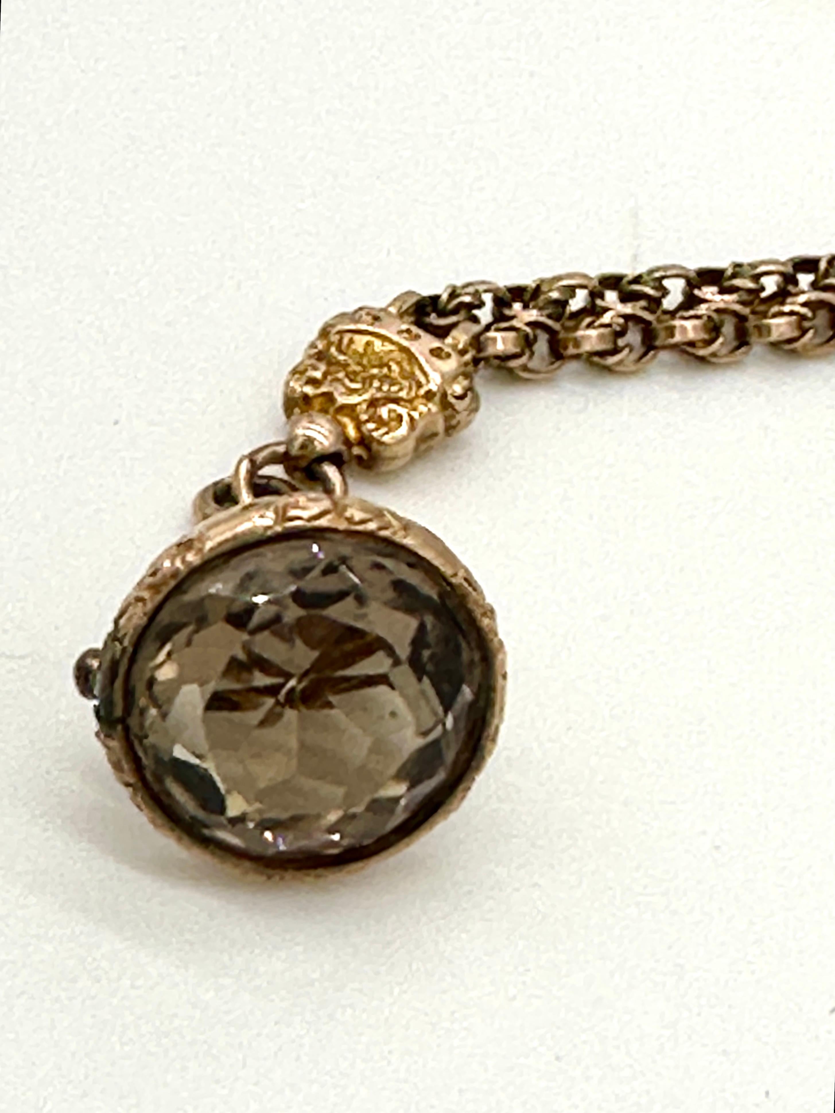 Round Cut Victorian Rose Gold Fob w/ Faceted Quartz on Long Double Watch Neck Guard Chain