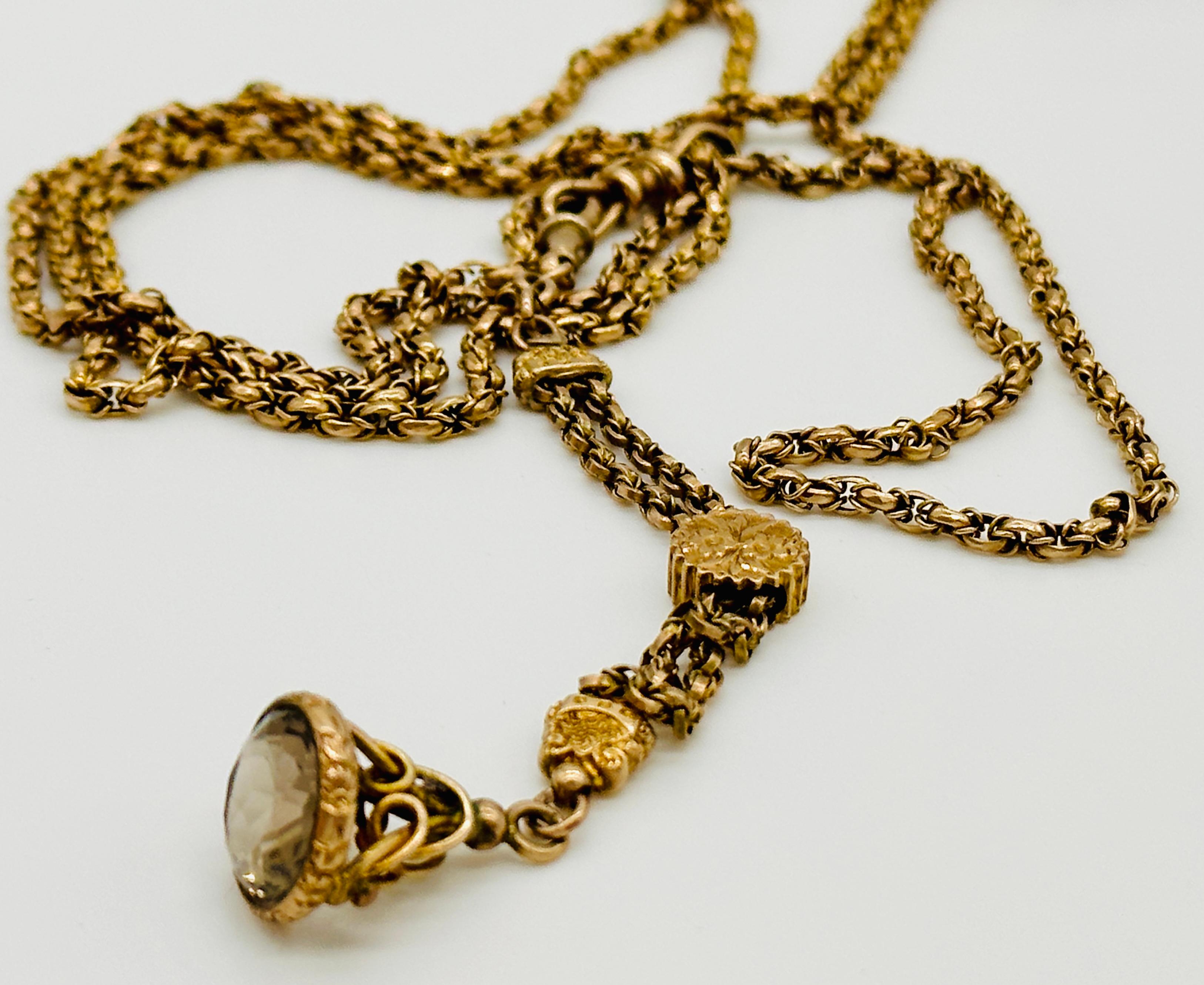 Victorian Rose Gold Fob w/ Faceted Quartz on Long Double Watch Neck Guard Chain In Excellent Condition In Frazier Park, CA