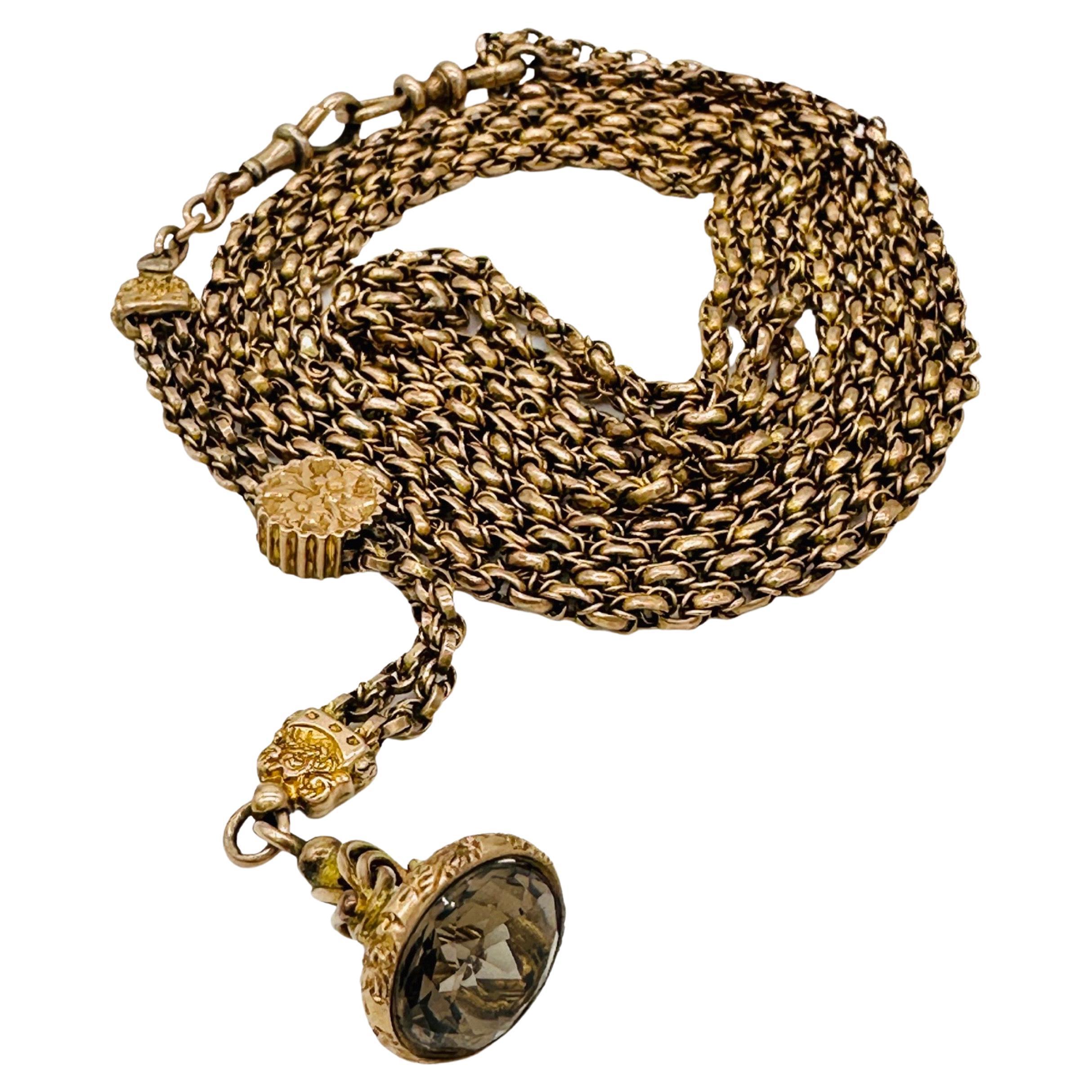 Victorian Rose Gold Fob w/ Faceted Quartz on Long Double Watch Neck Guard Chain