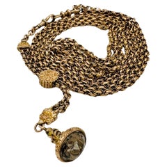 Victorian Rose Gold Fob w/ Faceted Quartz on Long Double Watch Neck Guard Chain