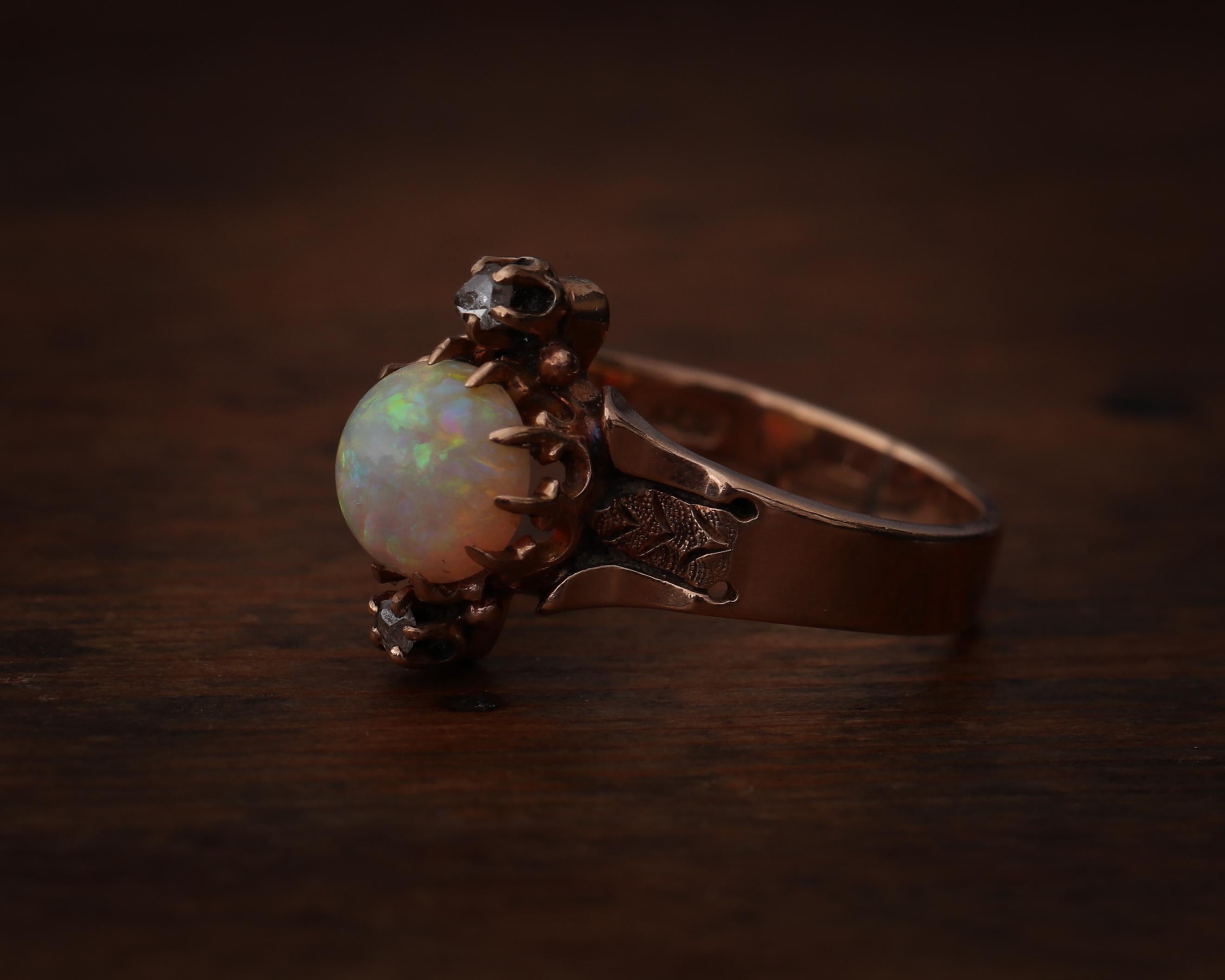 Women's Victorian Rose Gold Opal Ring with Rose Cut Diamond Accents, Etched Design