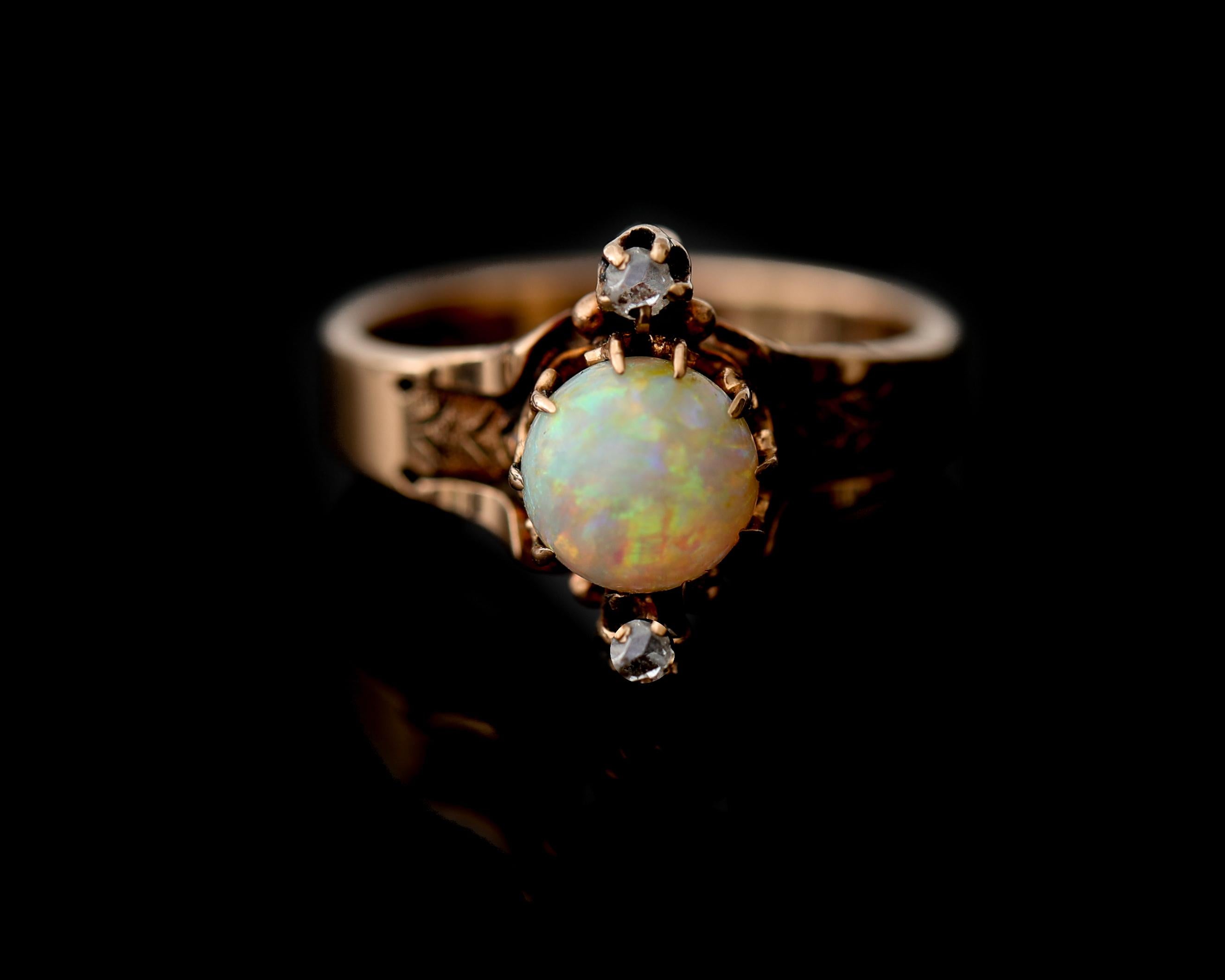 Victorian Rose Gold Opal Ring with Rose Cut Diamond Accents, Etched Design 1