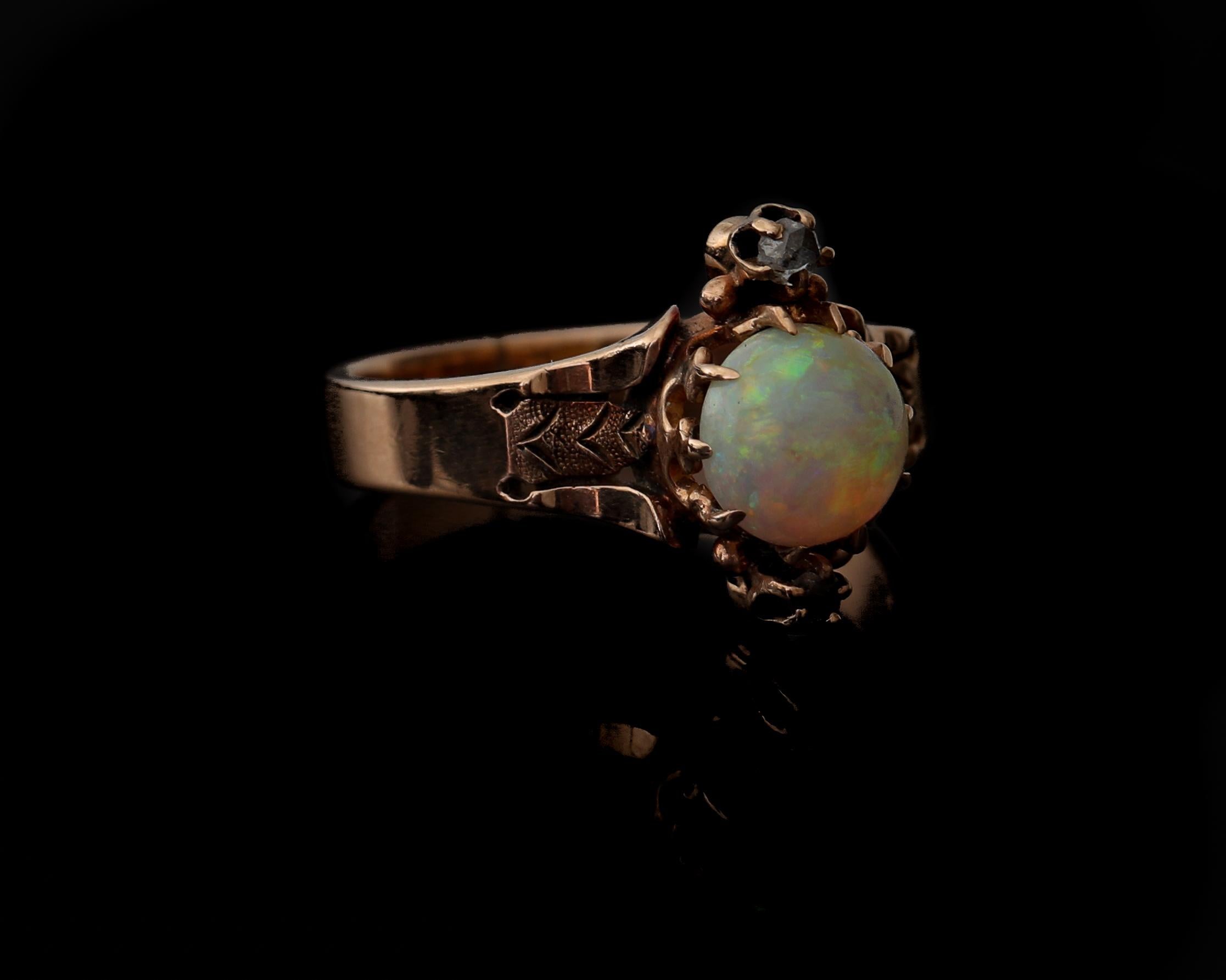 Victorian Rose Gold Opal Ring with Rose Cut Diamond Accents, Etched Design 2