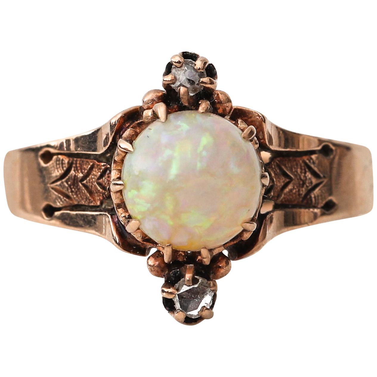 Victorian Rose Gold Opal Ring with Rose Cut Diamond Accents, Etched Design