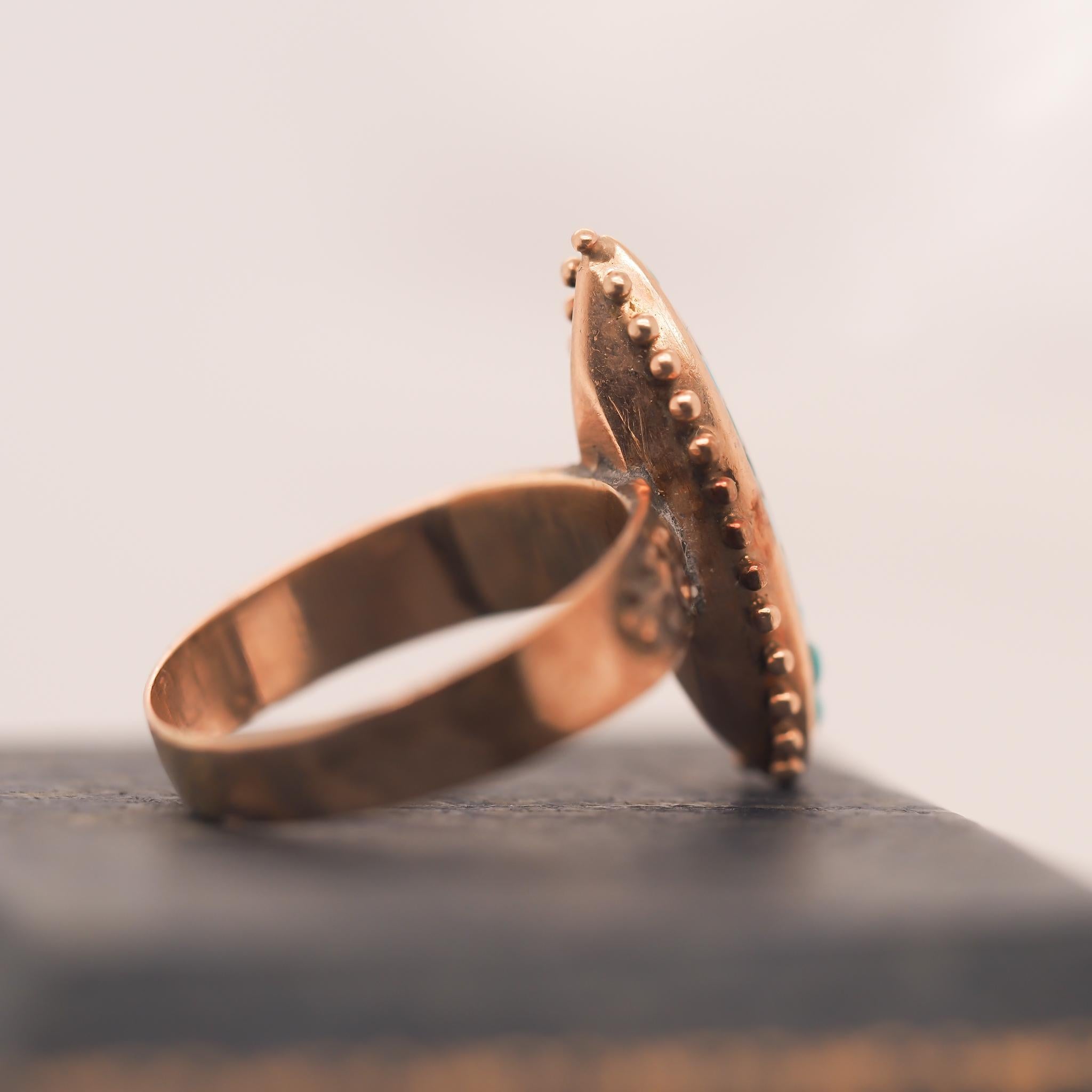 Victorian Rose Gold Turquoise and Pearl Ring In Good Condition For Sale In Hicksville, NY