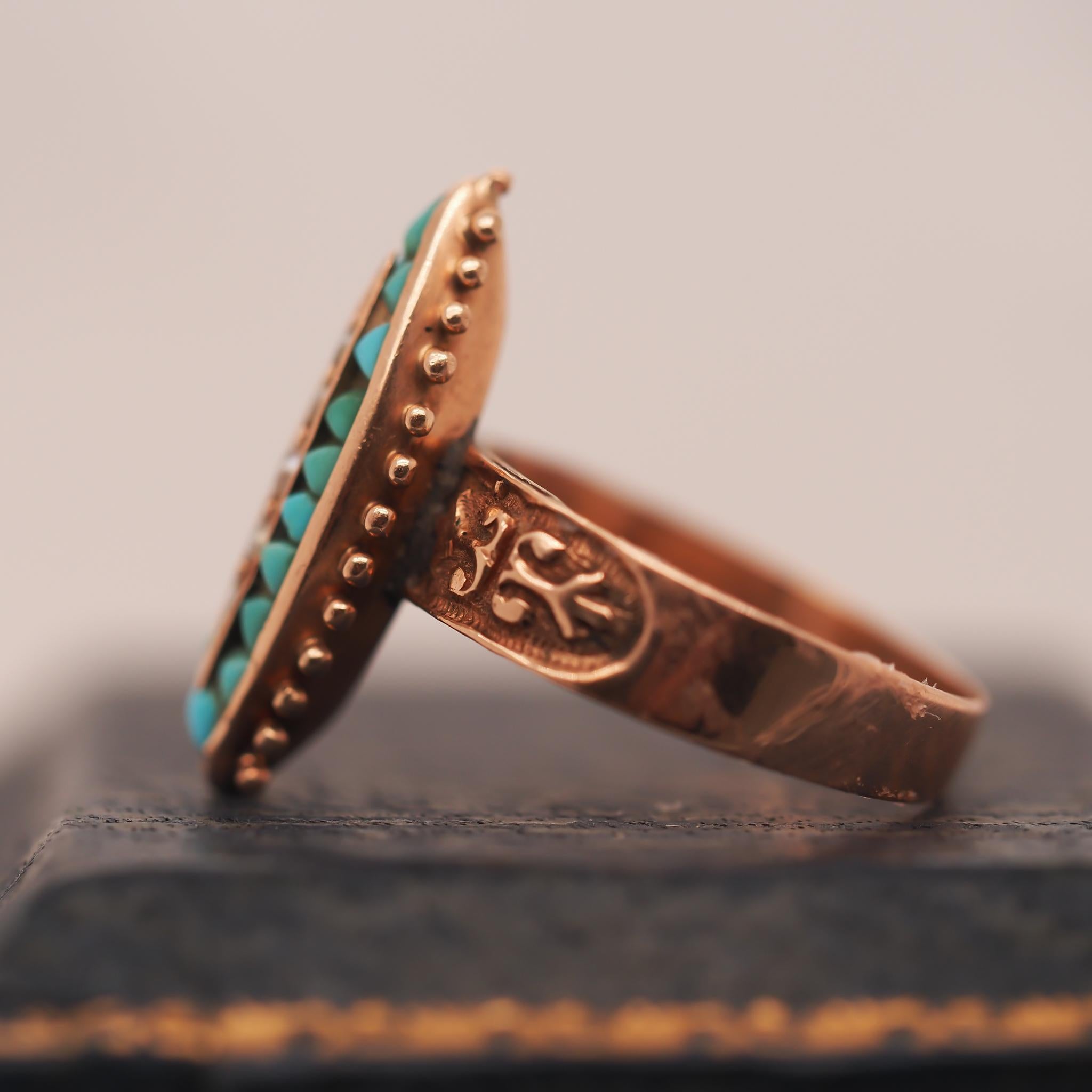 Women's or Men's Victorian Rose Gold Turquoise and Pearl Ring For Sale