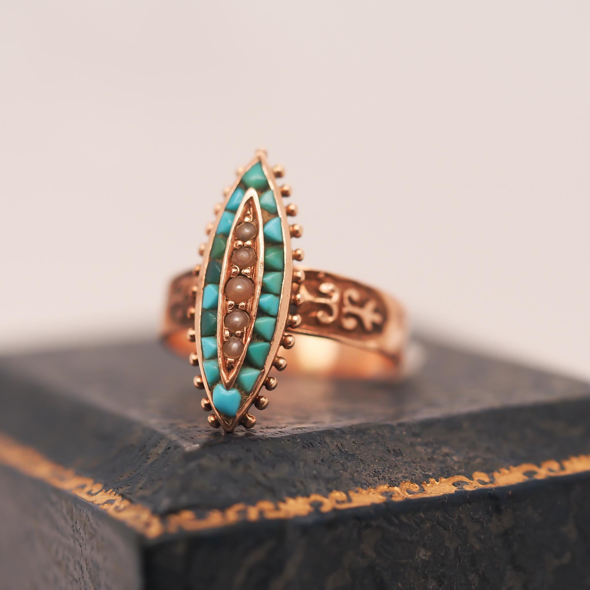 Victorian Rose Gold Turquoise and Pearl Ring For Sale 1