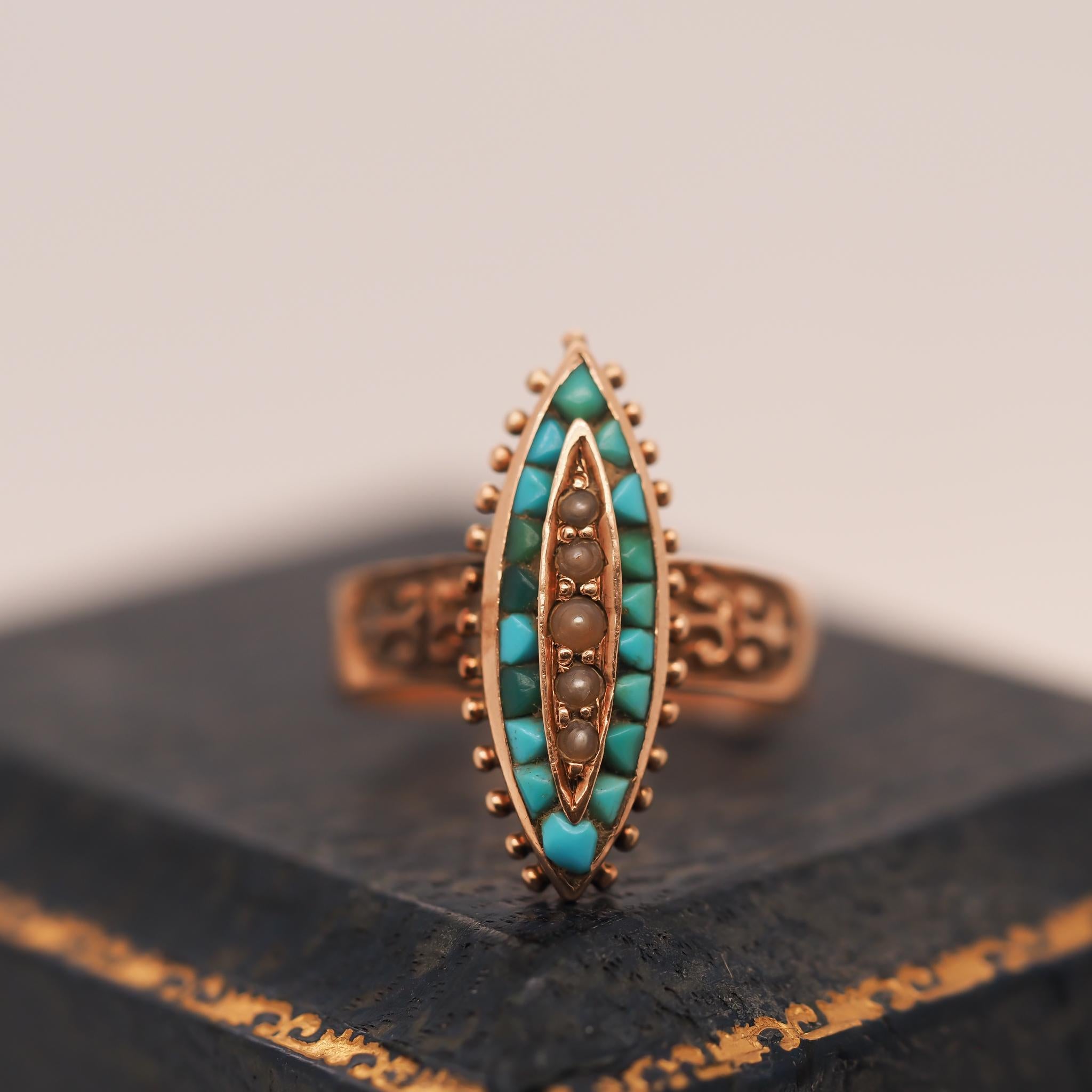 Victorian Rose Gold Turquoise and Pearl Ring For Sale 2