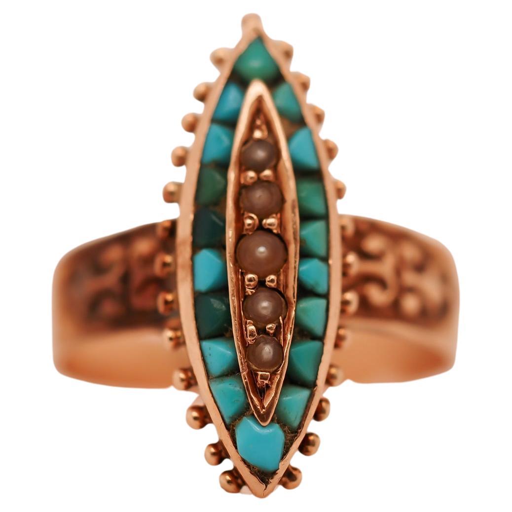 Victorian Rose Gold Turquoise and Pearl Ring For Sale