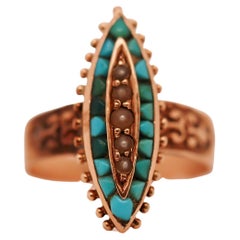 Antique Victorian Rose Gold Turquoise and Pearl Ring