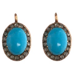 Victorian Rose Gold Turquoise & Rose Cut Diamond Earrings