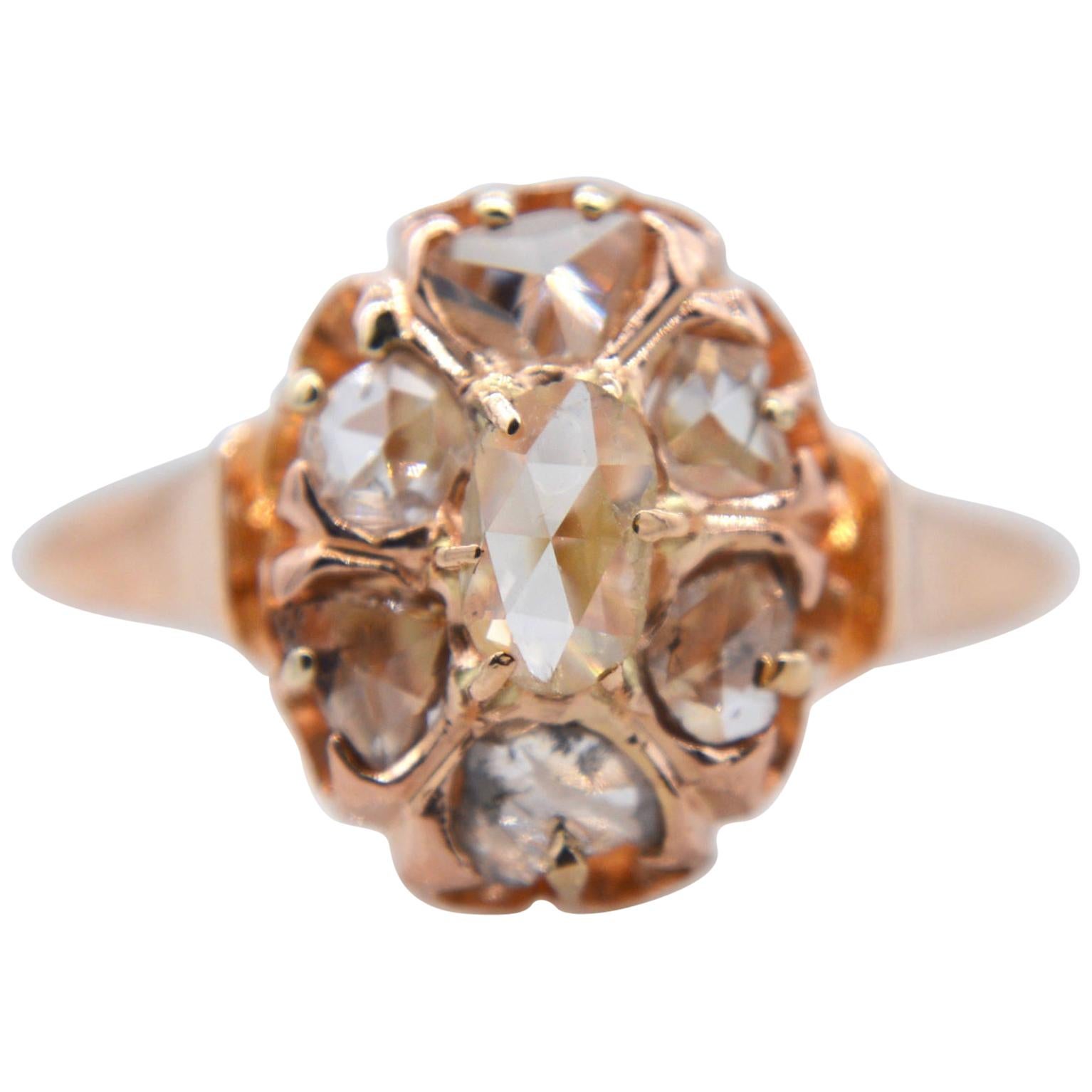 Victorian Rosecut Diamond 14 Karat Rose Gold .45 Carat Cluster Engagement Ring For Sale