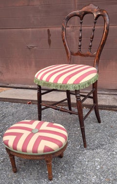 Victorian Rosewood and Striped Upholstered Side Chair with Footstool Set