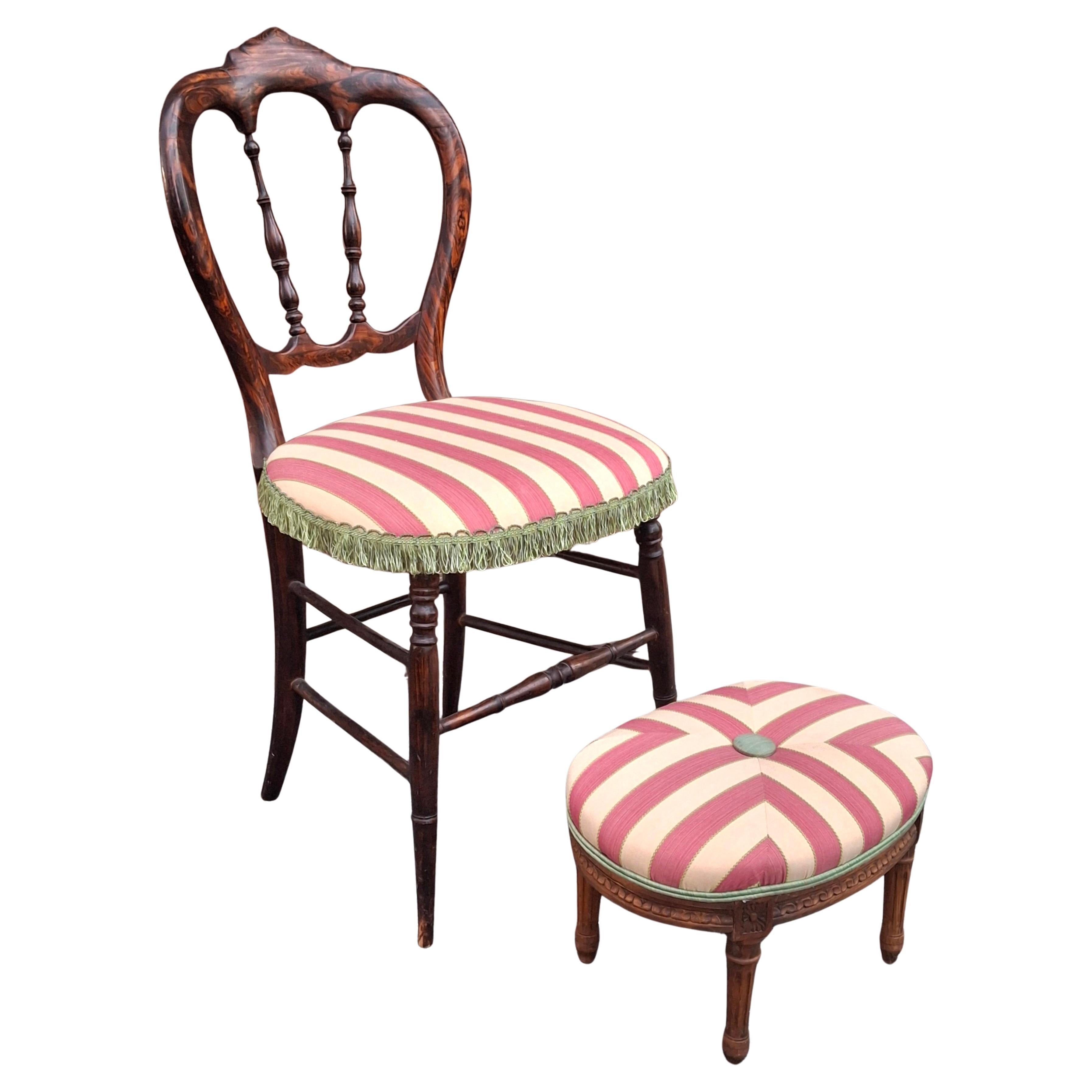 Victorian Rosewood and Striped Upholstered Side Chair with Footstool Set