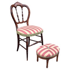 Victorian Rosewood and Striped Upholstered Side Chair with Footstool Set