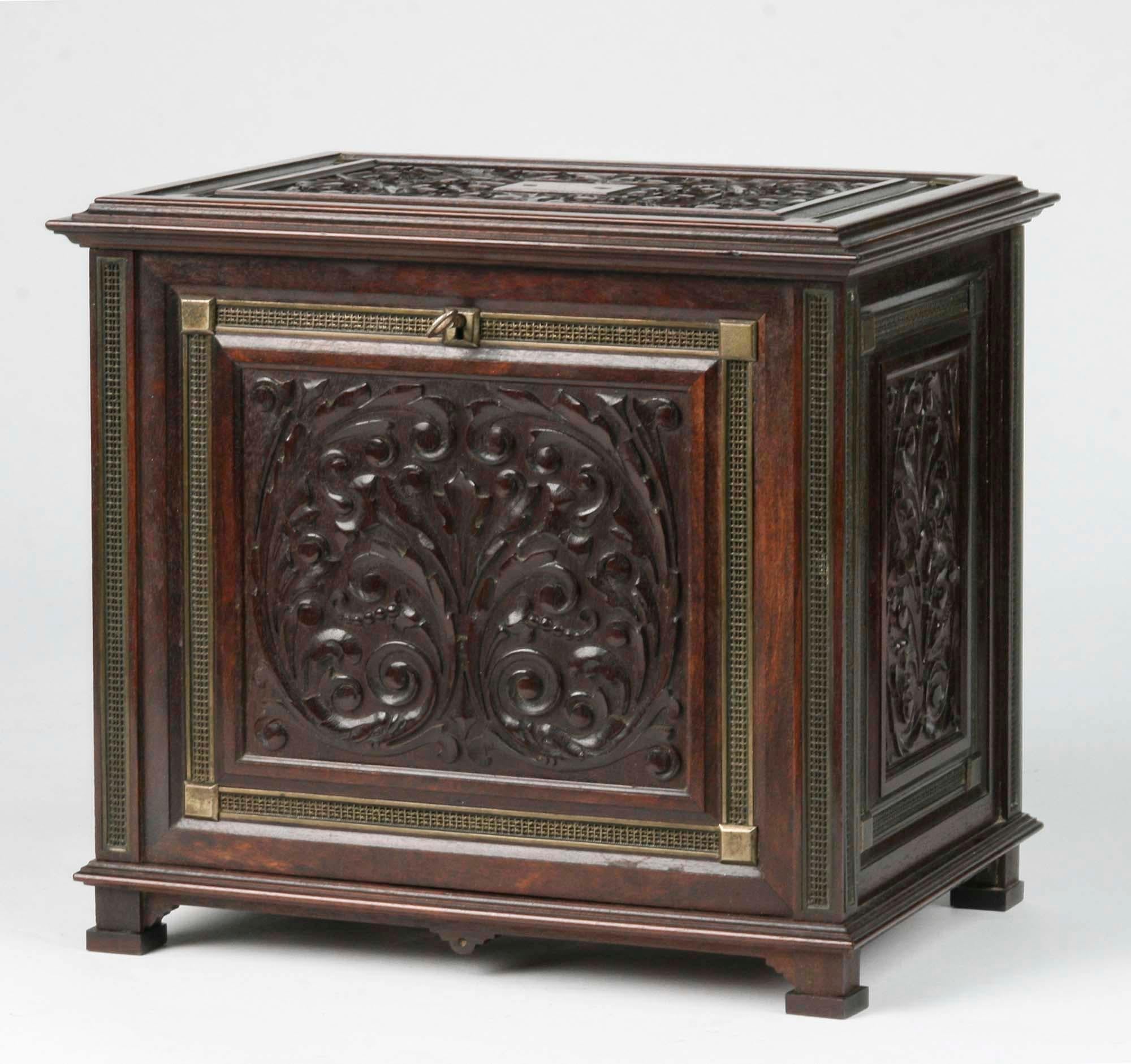 British Victorian Mahogany Carved Cigar Box, 19th Century
