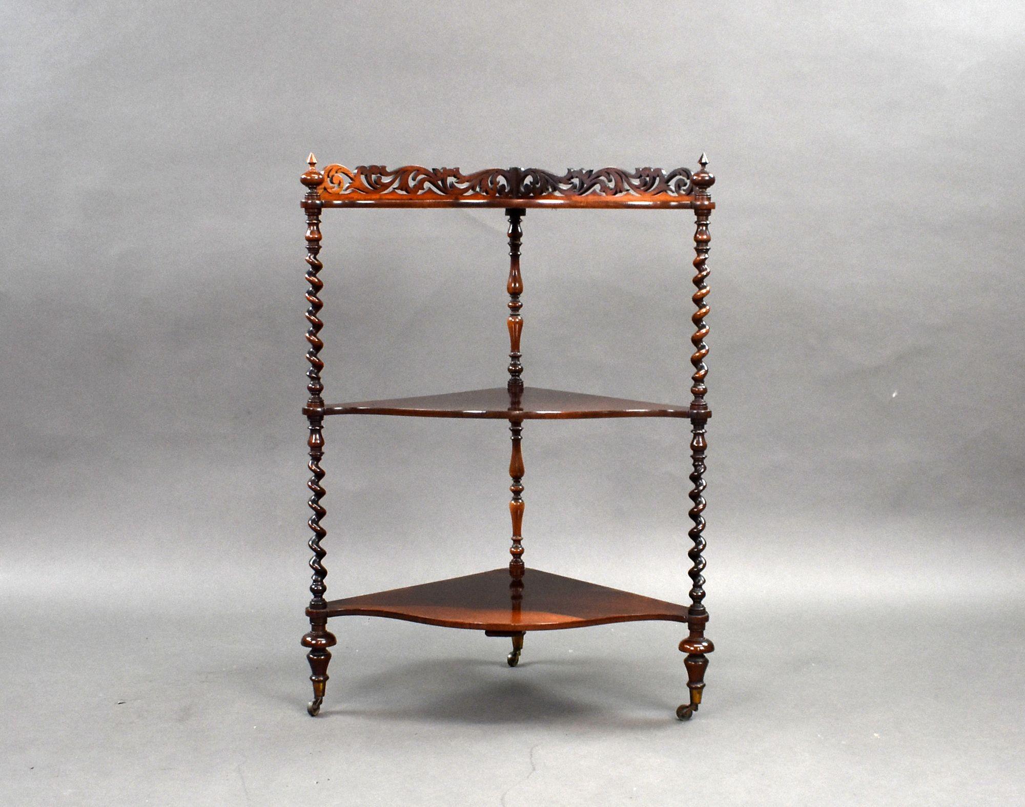 For sale is a good quality Victorian rosewood corner whatnot, having a fretwork gallery to the top tier, with a further two tiers below, with turned supports, raised on castors, this piece is in excellent condition for its age.
Width: 62cm Depth:
