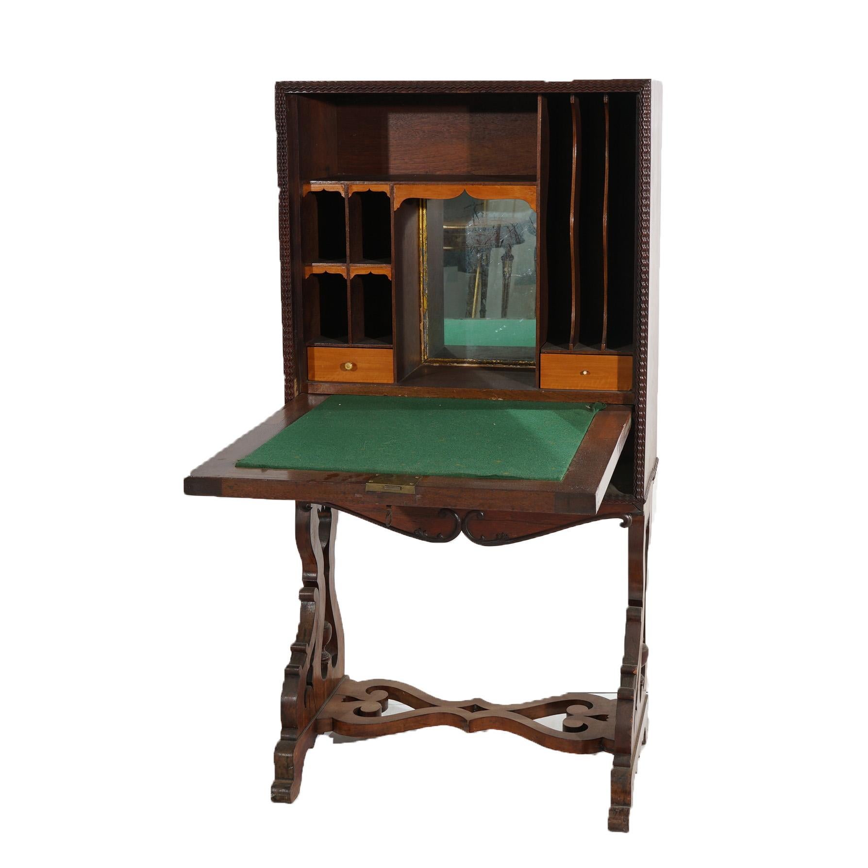 Scrivania vittoriana a ribalta in palissandro con stampa floreale e gambe a voluta c1870 in vendita 3