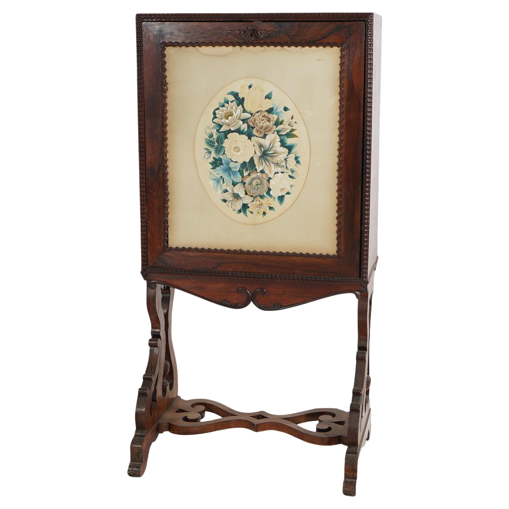 Victorian Rosewood Drop Front Desk with Inset Floral Print 
Scroll Legs c1870 For Sale