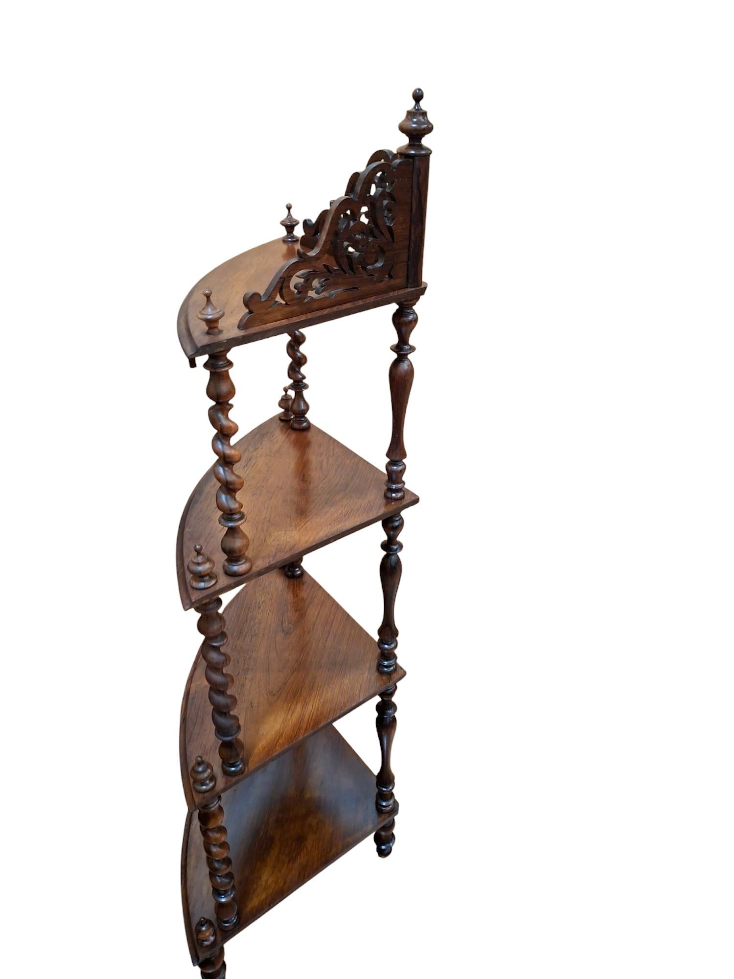 English Victorian Rosewood Four-Tier What-Not Corner Shelf For Sale