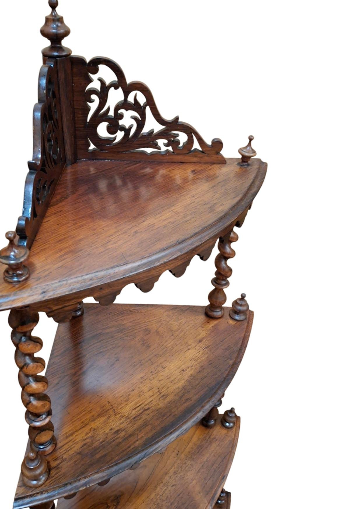 19th Century Victorian Rosewood Four-Tier What-Not Corner Shelf For Sale