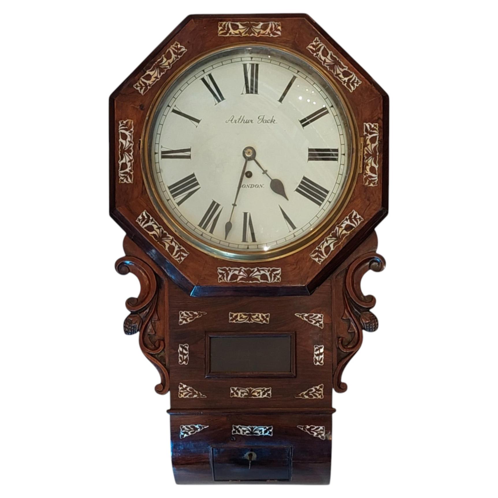 Victorian Rosewood & Inlaid Drop Dial Clock For Sale
