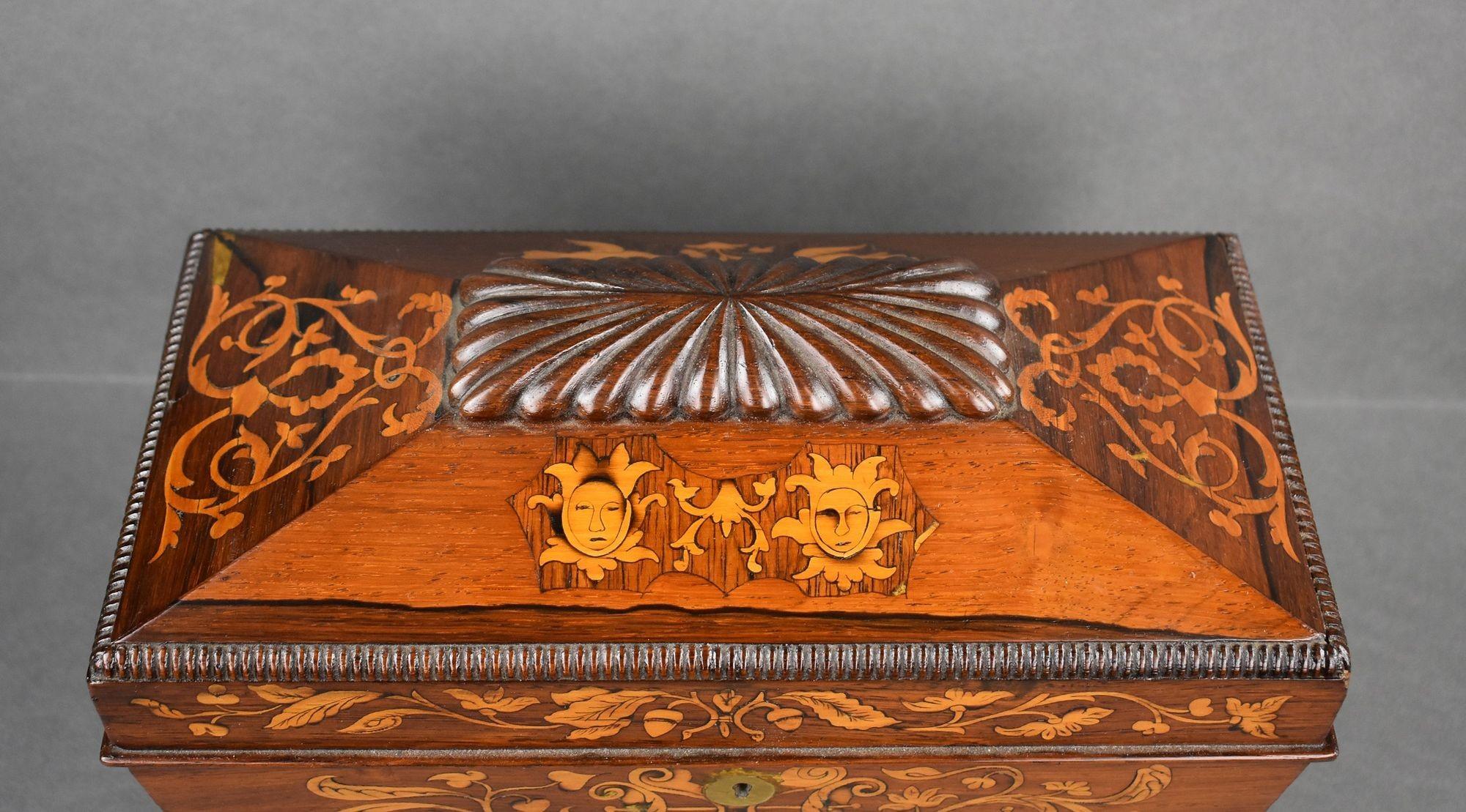 Victorian Rosewood Inlaid Marquetry Tea Caddy In Good Condition For Sale In Chelmsford, Essex