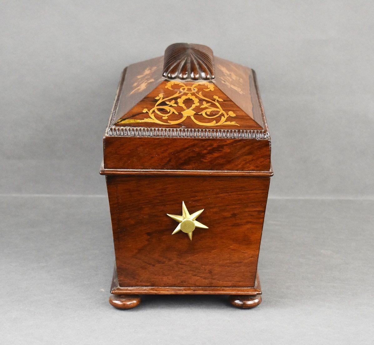 19th Century Victorian Rosewood Inlaid Marquetry Tea Caddy For Sale