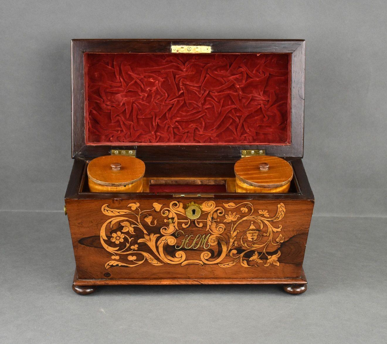 Victorian Rosewood Inlaid Marquetry Tea Caddy For Sale 3