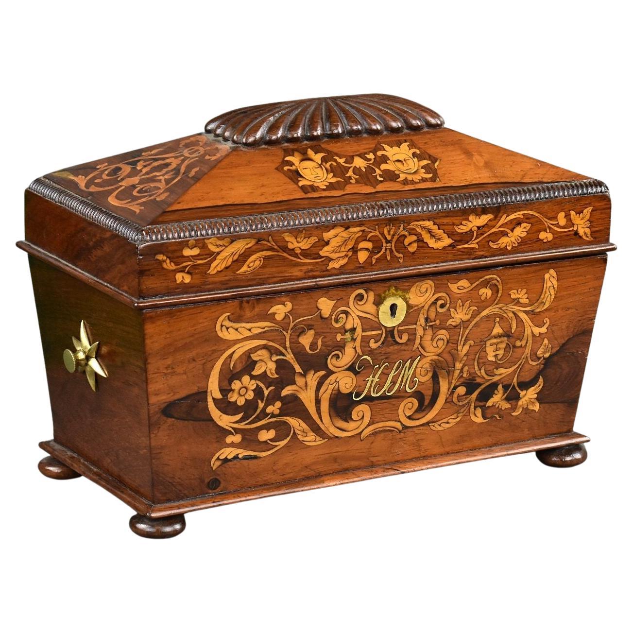 Caja de té victoriana de marquetería de palo de rosa