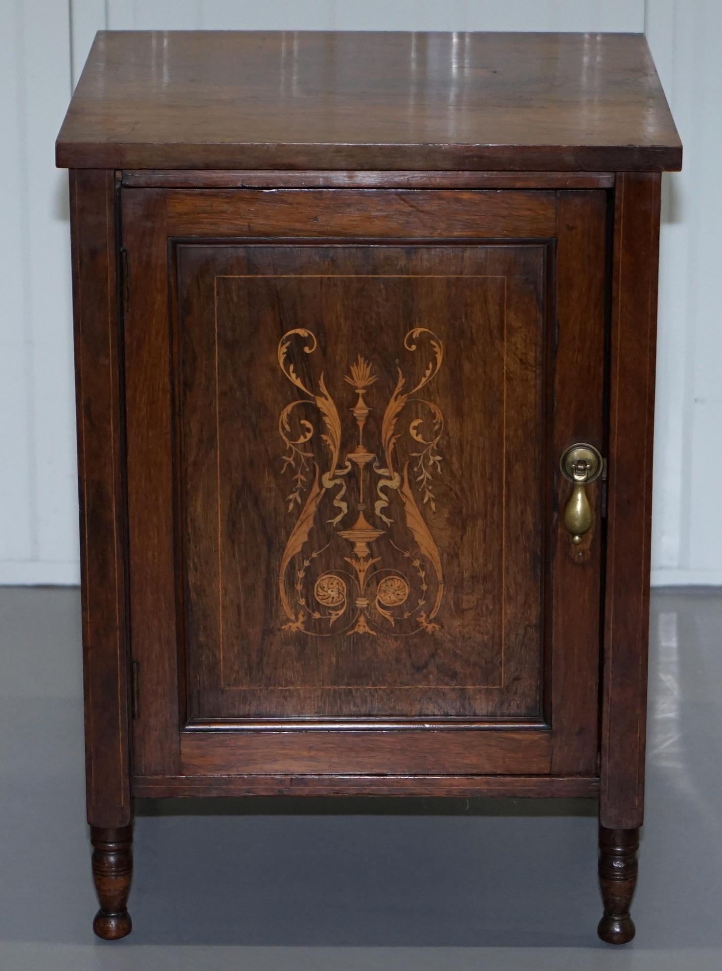 We are delighted to this stunning side table sized Victorian Rosewood Marquetry inlaid cabinet

A very good looking and well made versatile piece, ideally suited as a lamp or wine side table for the living room but can of course be used as a